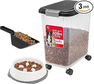 IRIS USA Airtight Dog Food Storage Container with 2-Cup Scoop and Slow Feeder Bowl Combo, Up to 30 lbs Pet Food Bin with Attachable Wheels, Anti-Slip Short Snouted Bowl, Easy to Clean, BPA Free, Black