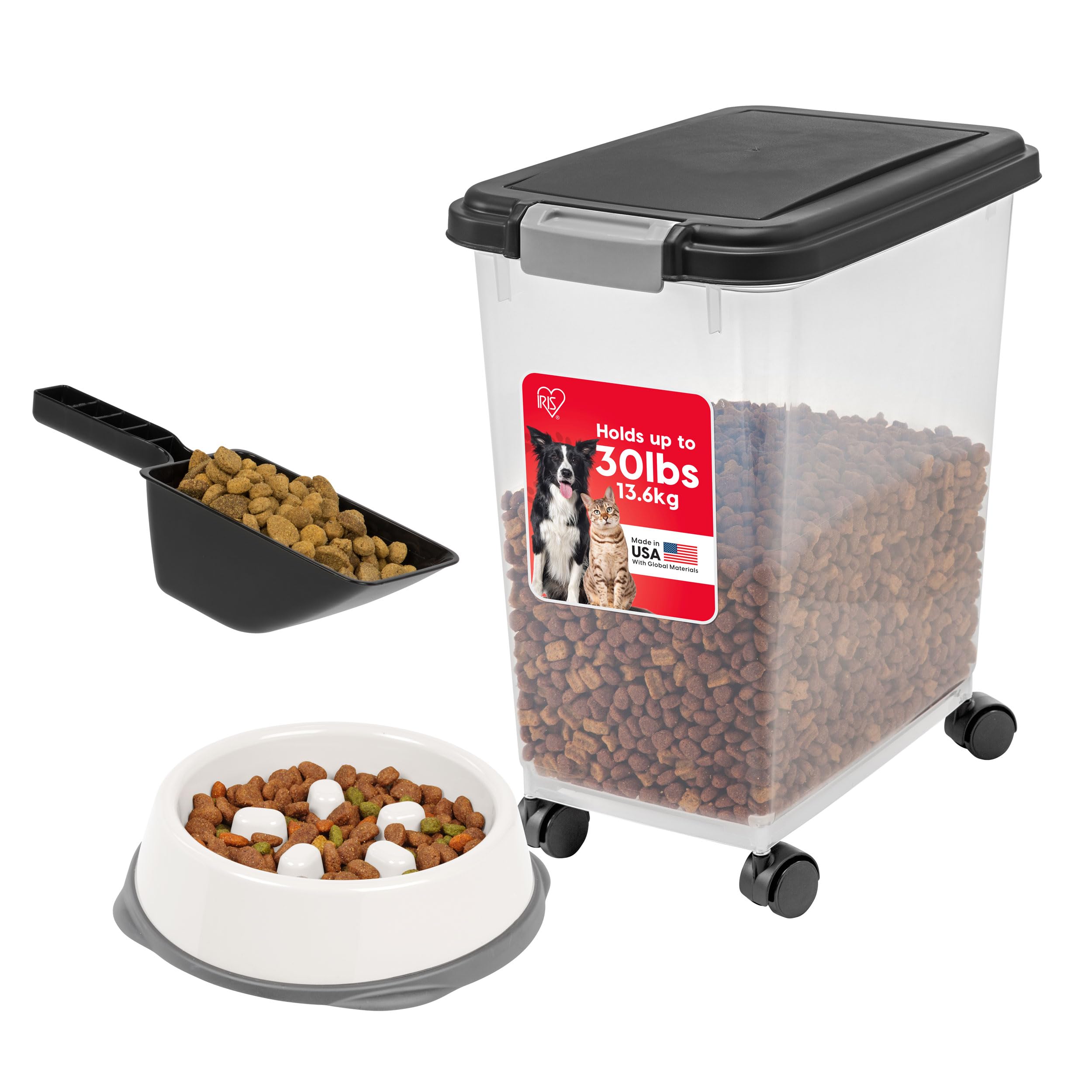 IRIS USA Airtight Dog Food Storage Container with 2-Cup Scoop and Slow Feeder Bowl Combo, Up to 30 lbs Pet Food Bin with Attachable Wheels, Anti-Slip Short Snouted Bowl, Easy to Clean, BPA Free, Black