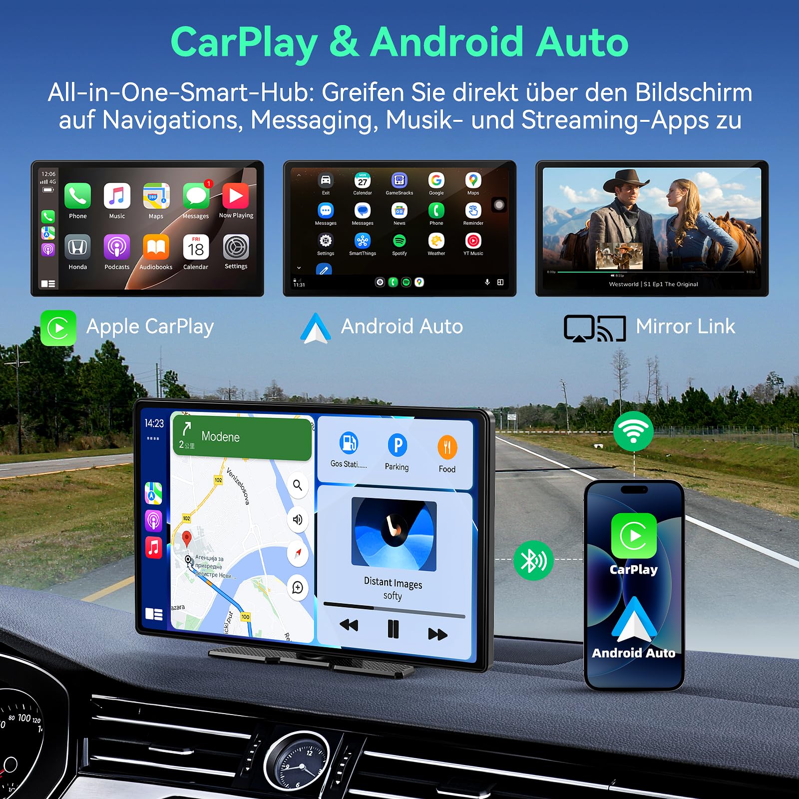 Carplay Display FüR Car Play und Android Auto,11.3 Zoll Touchscreen Android Auto Display Bildschirm Tragbares Autoradios,Carplay Display mit siri/GOO-gle,Dashcam,Navigation,Bluetooth,Mirror Link