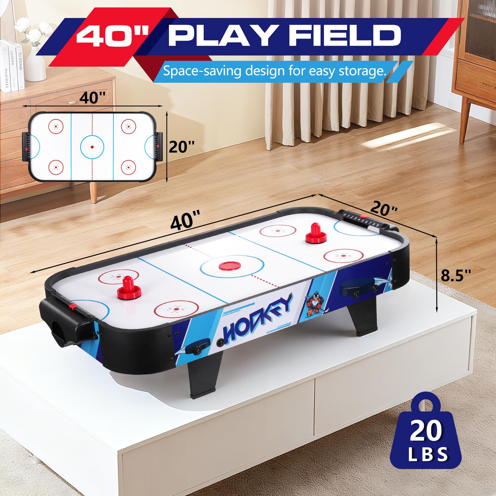 Mesa de hockey de aire de 40 pulgadas, juego de mesa con motor de ventilador eléctrico, rastreador de puntuación, 2 huelguistas y 2 discos