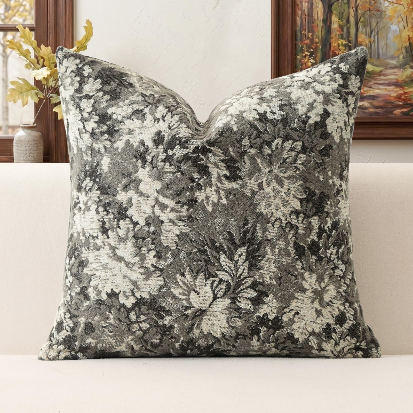 Artscope Set of 1 Neutral Floral Cushion Cover 45x45cm, Vintage Chenille Square Throw Pillow Cover Soft Decorative Farmhouse Accent Couch Pillow Cover for Living Room Bedroom Gray Brown