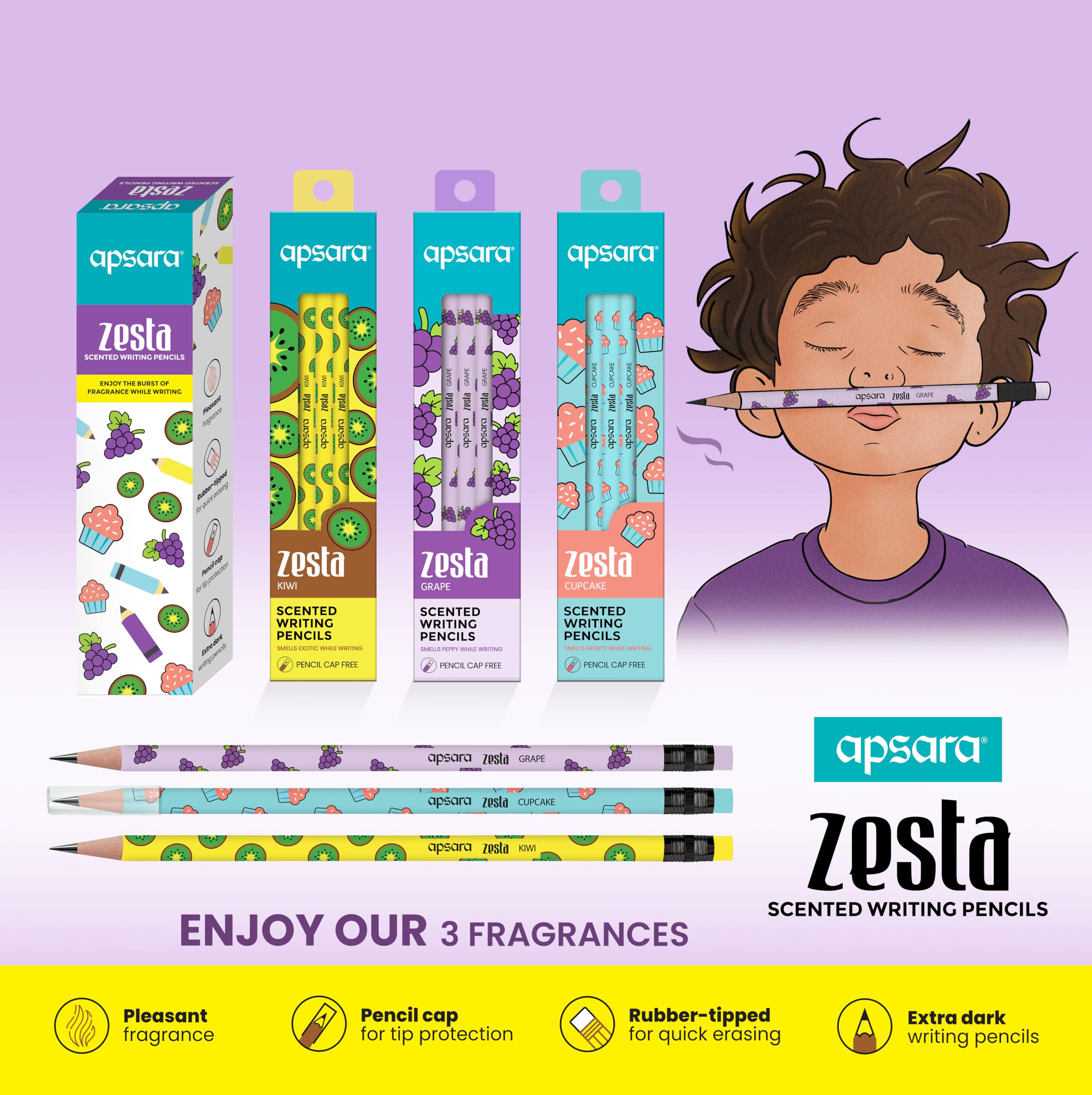 Apsara Zesta Scented Writing Pencils | Kiwi, Cupcake & Grape Scented Pencils | Rubber-tipped| Extra Drak | Free Pencil Cap | Use for Students | Pack of 3-18 N Pencils — Amazon image 7