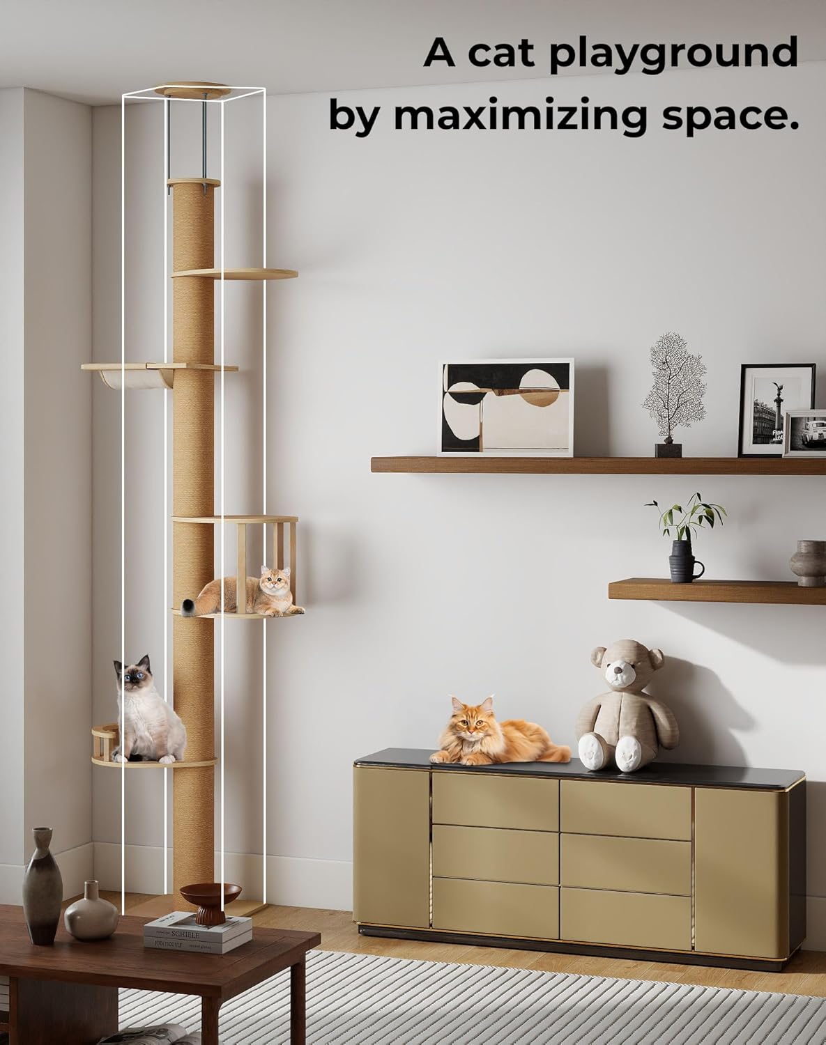 Multiple cats interacting with the COZIWOW Floor-to-Ceiling Cat Tree in a modern living space, demonstrating how it maximizes vertical space for play.