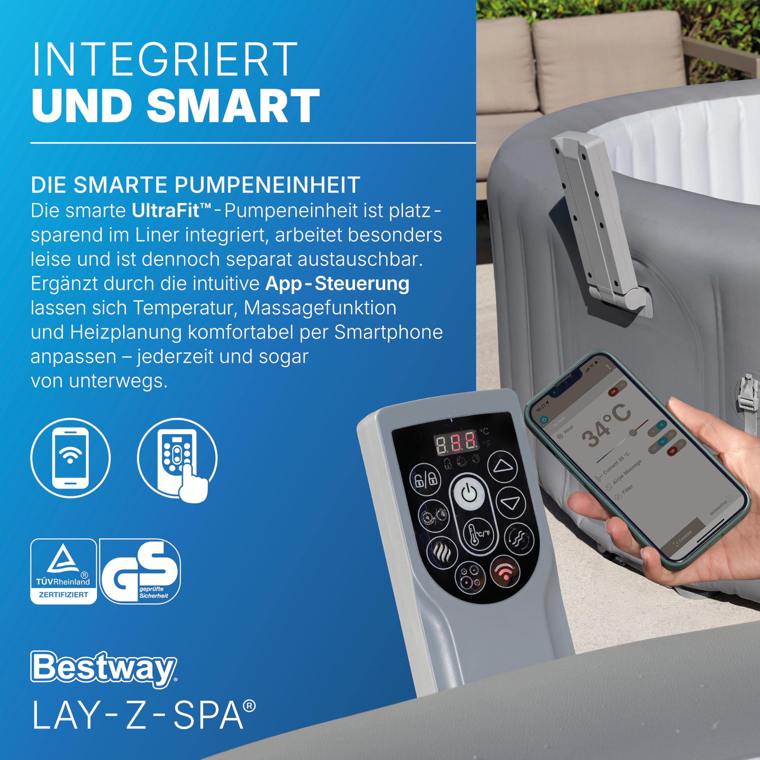 Bestway Lay-Z-Spa Hawaii AirJet Whirlpool Ø236 x 71 cm – Aufblasbarer Outdoor Jacuzzi für 8 Personen, 190 AirJet Düsen, EnergySense Dämmung, App-Steuerung, Heizung 40 °C, Frostwächter, TriTech PVC