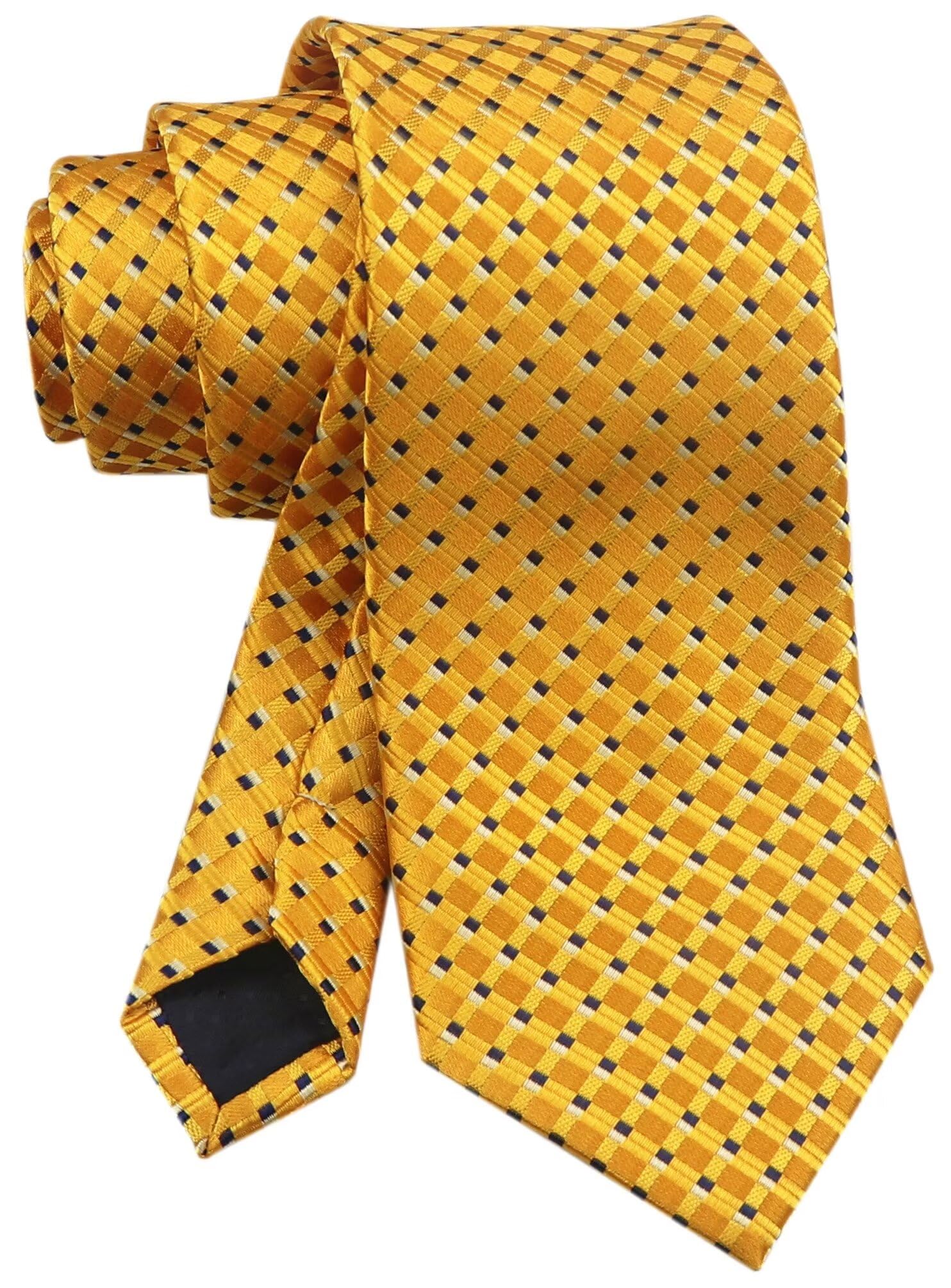 Rosiika Mens Yellow Gold Silk Tie Geometry Gingham Woven Navy Small Plaid Regular Big Boys Wedding Necktie