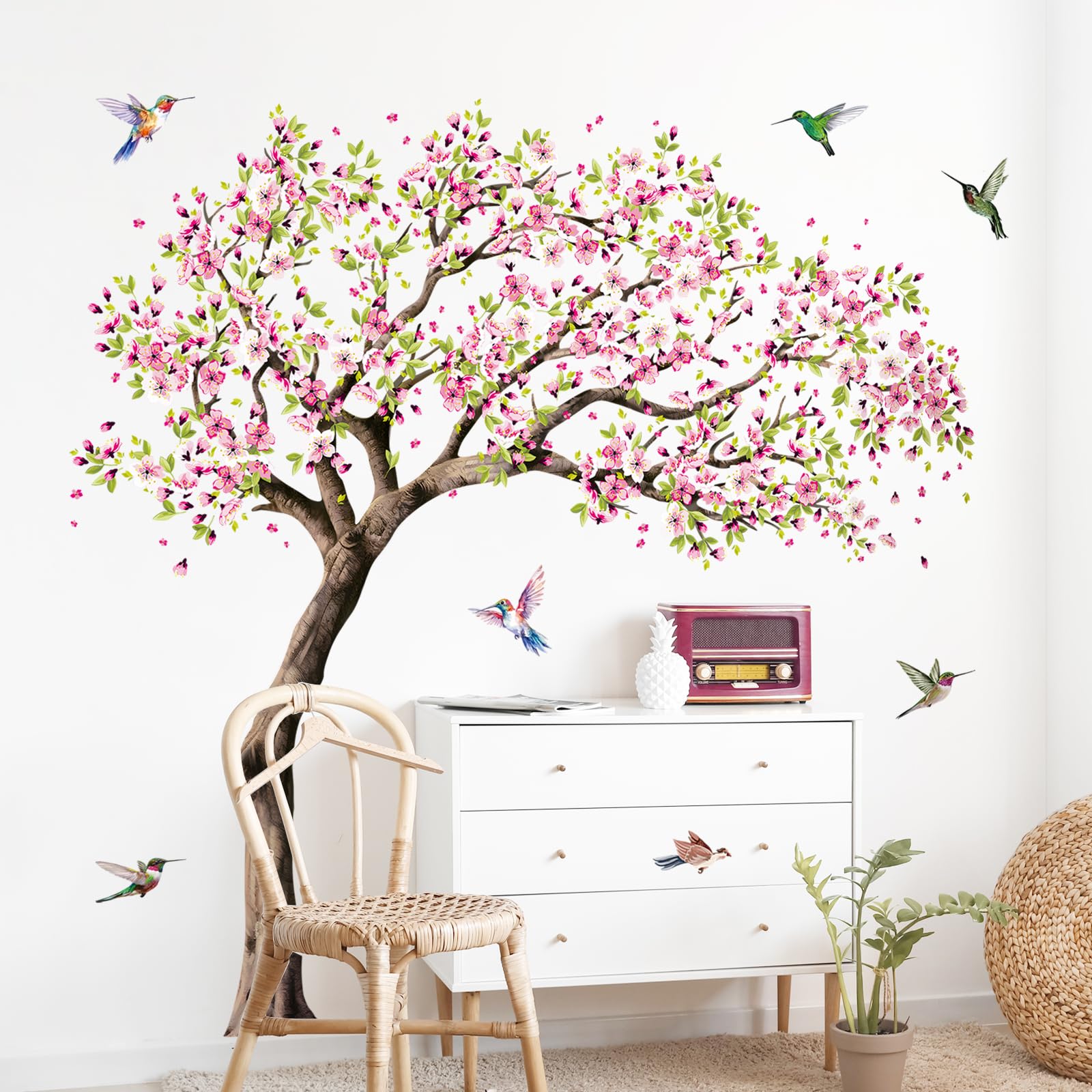 Large Blooming Cherry Tree Wall Stickers Pink Peach Blossom Tree Hummingbirds Wall Decals Peel and Stick Spring Wall Art Decor for Girls Bedroom Living Room Kitchen Sofa TV Backdrop Wall Decoration - Image 4