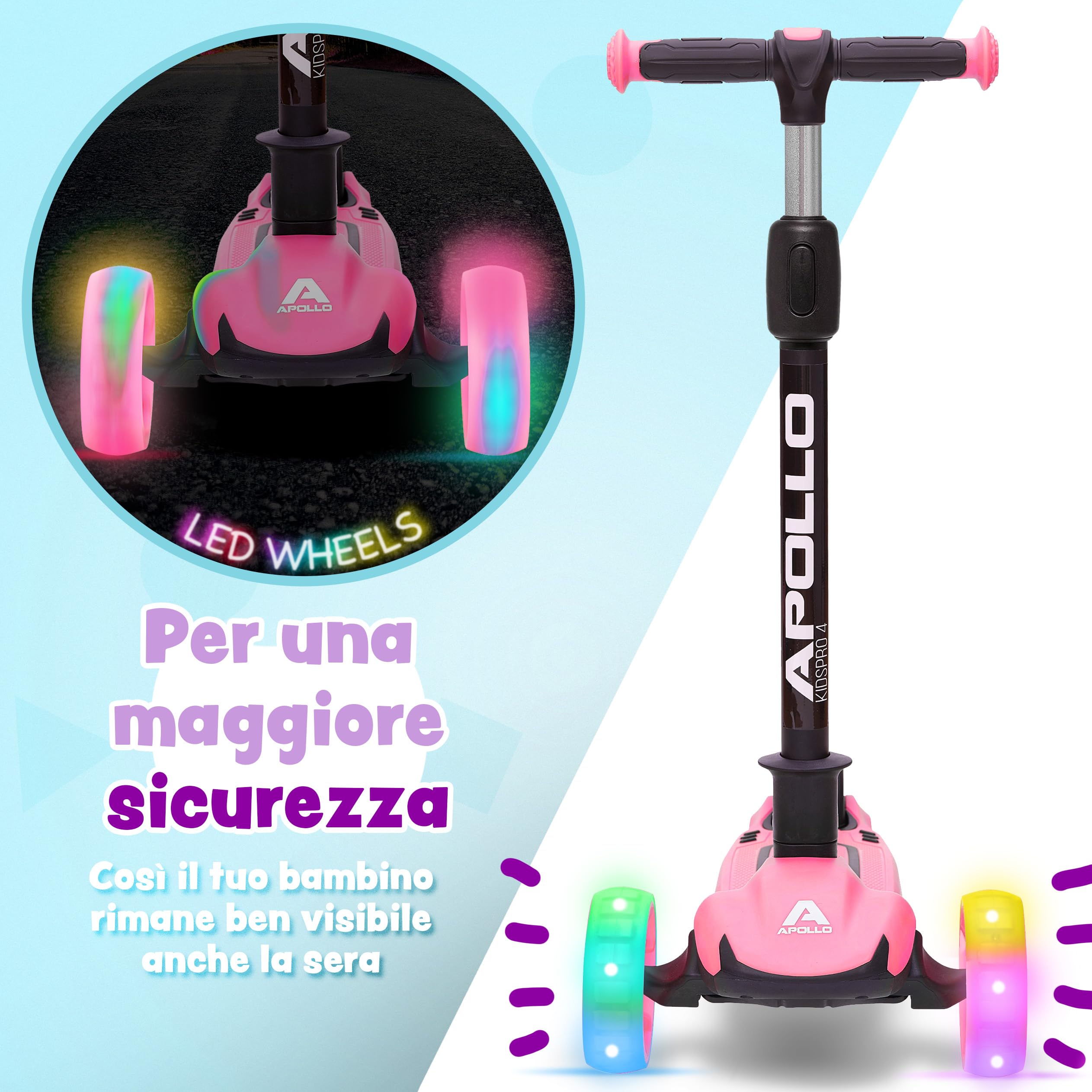 Apollo Monopattino KidsPro 4 | Monopattino Bambino e bambina 3 Ruote | Piegevole e regolabile in Altezza | Monopattino Bambino e bambina 3 anni in su con Ruote LED