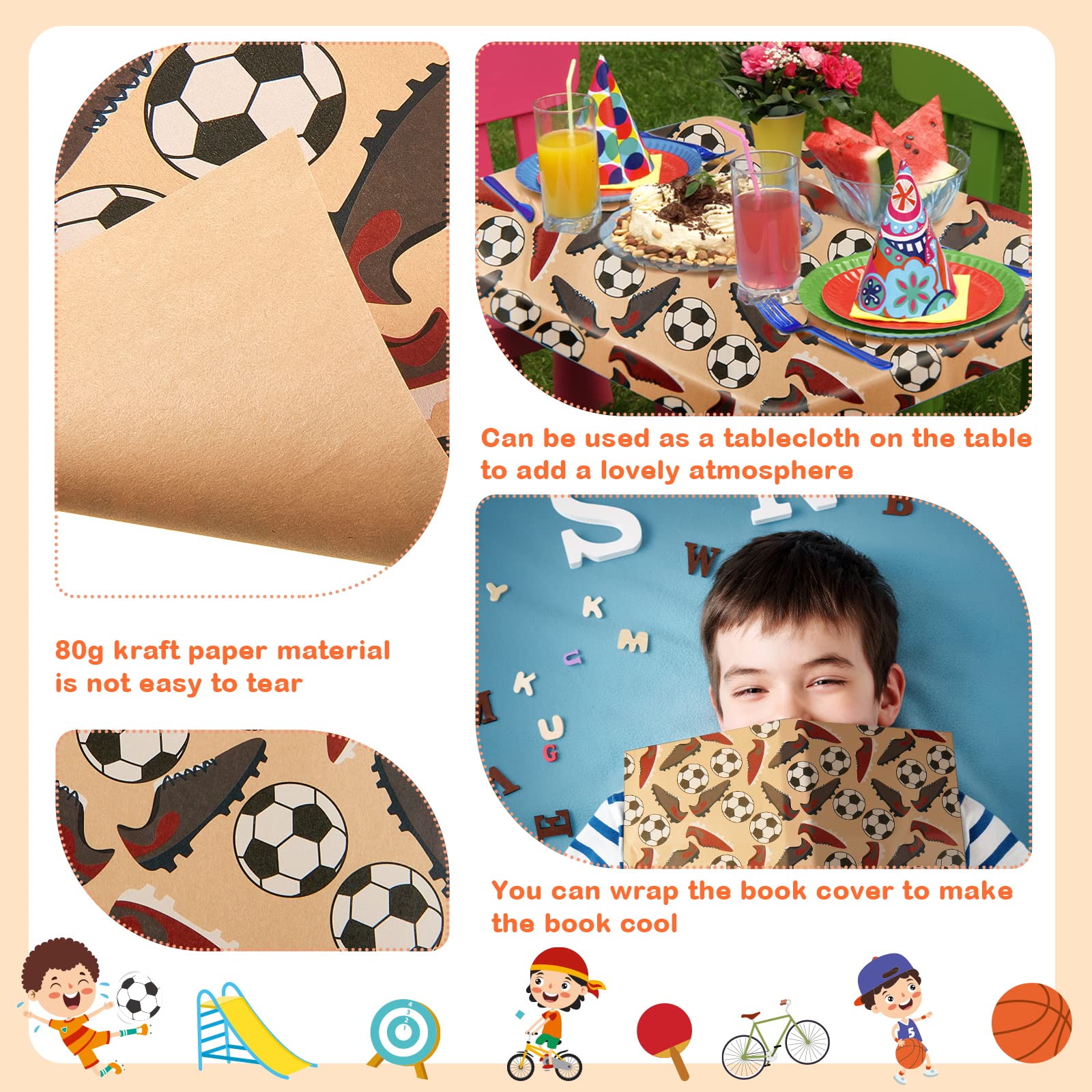 6 Feuilles Papier Cadeau Football - Emballage Anniversaire Enfants Garçons - Motifs Dessin Animé Mignons 70 X 50 Cm