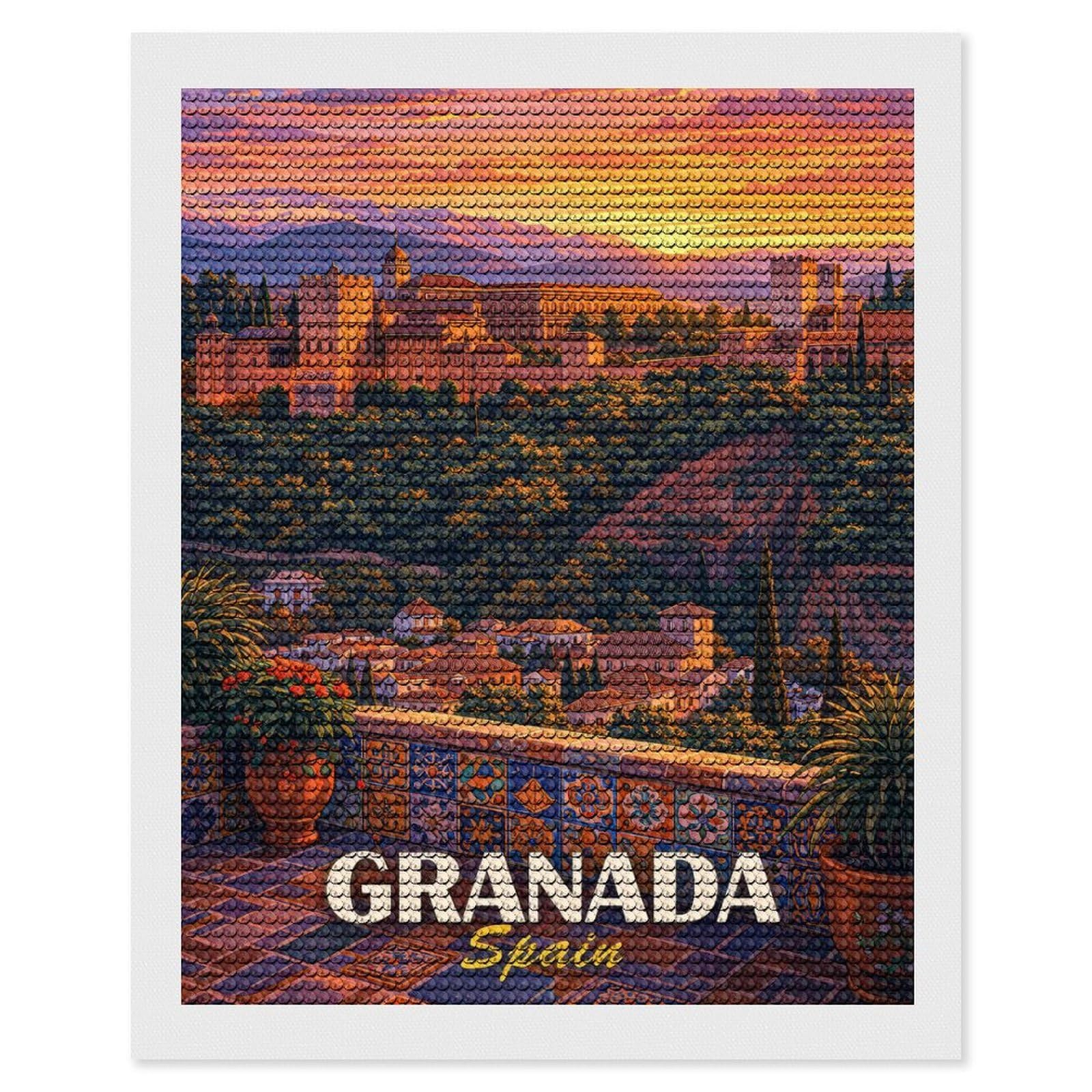 Junmoney Granada Spain Alhambra Sunset Diamond Painting Canvas Kit 16"x20", Adhesive Canvas, Christmas Gift, Full Kit Included, Thoughtful Present