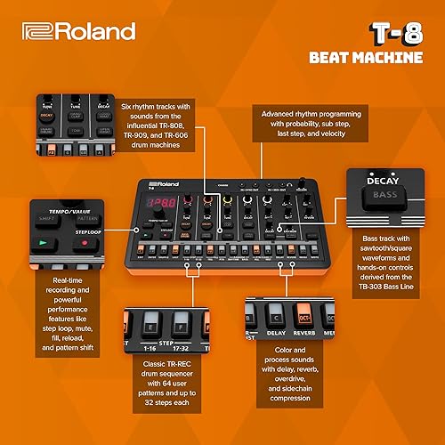 Vista 4 de Roland AIRA Compact T-8 BEAT MACHINE Máquina de ritmo y graves ultraportátil con sonidos Roland genuinos Secuenciador de batería TR-REC Seis