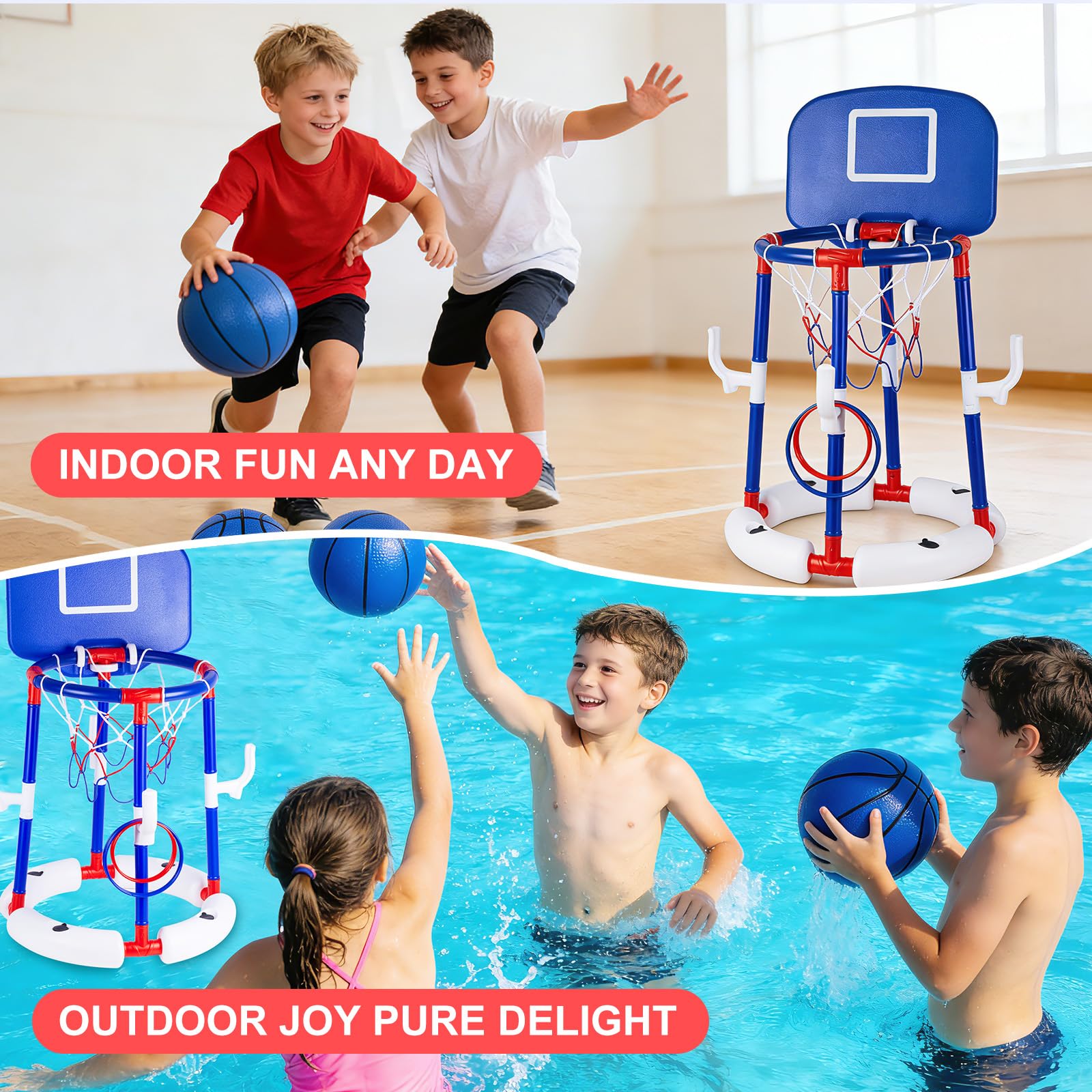 2-in-1 Schwimmender Pool-Basketballkorb-Set, blauer Schwimmbad-Basketballkorb mit Rückwand, stabiler Wasser-Basketballkorb für Pool-Party, Spaß und Outdoor-Familienspiele