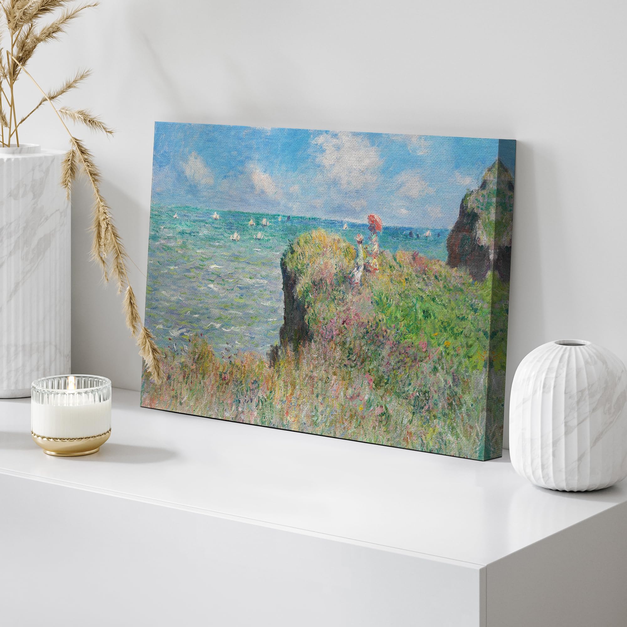 Claude Monet - Stampa Su Tela Cliff Walk At Pourville | Quadro Moderno Per Soggiorno | Cornice In Legno 101x76 Cm