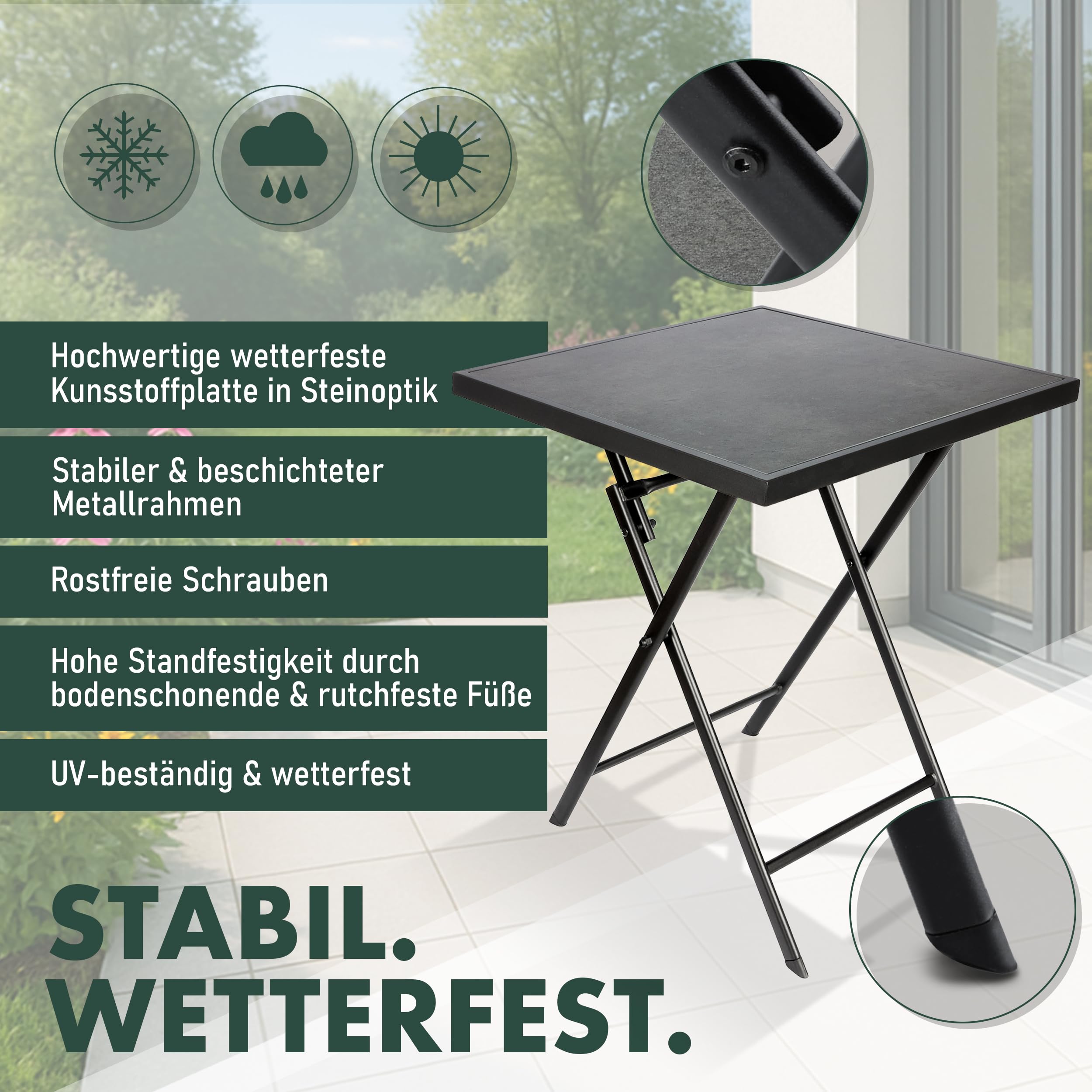 BRUBAKER Gartentisch Bergamo - 58 x 58 cm Balkontisch wetterfest - Metall Beistelltisch klappbar - Campingtisch eckig mit Stein Optik - Klapptisch für Balkon, Terrasse - Bistrotisch - Grau