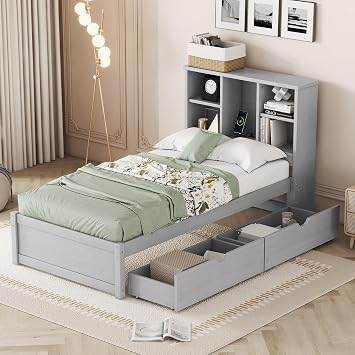 Twin Bed Frame with Storage Drawers & Bookcase Headboard, Wood Platform Beds with Charging Station, Modern Twin Bed Frames for Kids Girls Boys, No Box Spring Needed, Gray