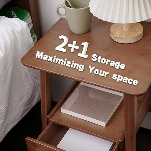 Miniatura 7 de Mesita de noche con cajón, mesita de noche moderna de mediados de siglo, mesitas de noche con estante de almacenamiento abierto, mesa auxiliar de