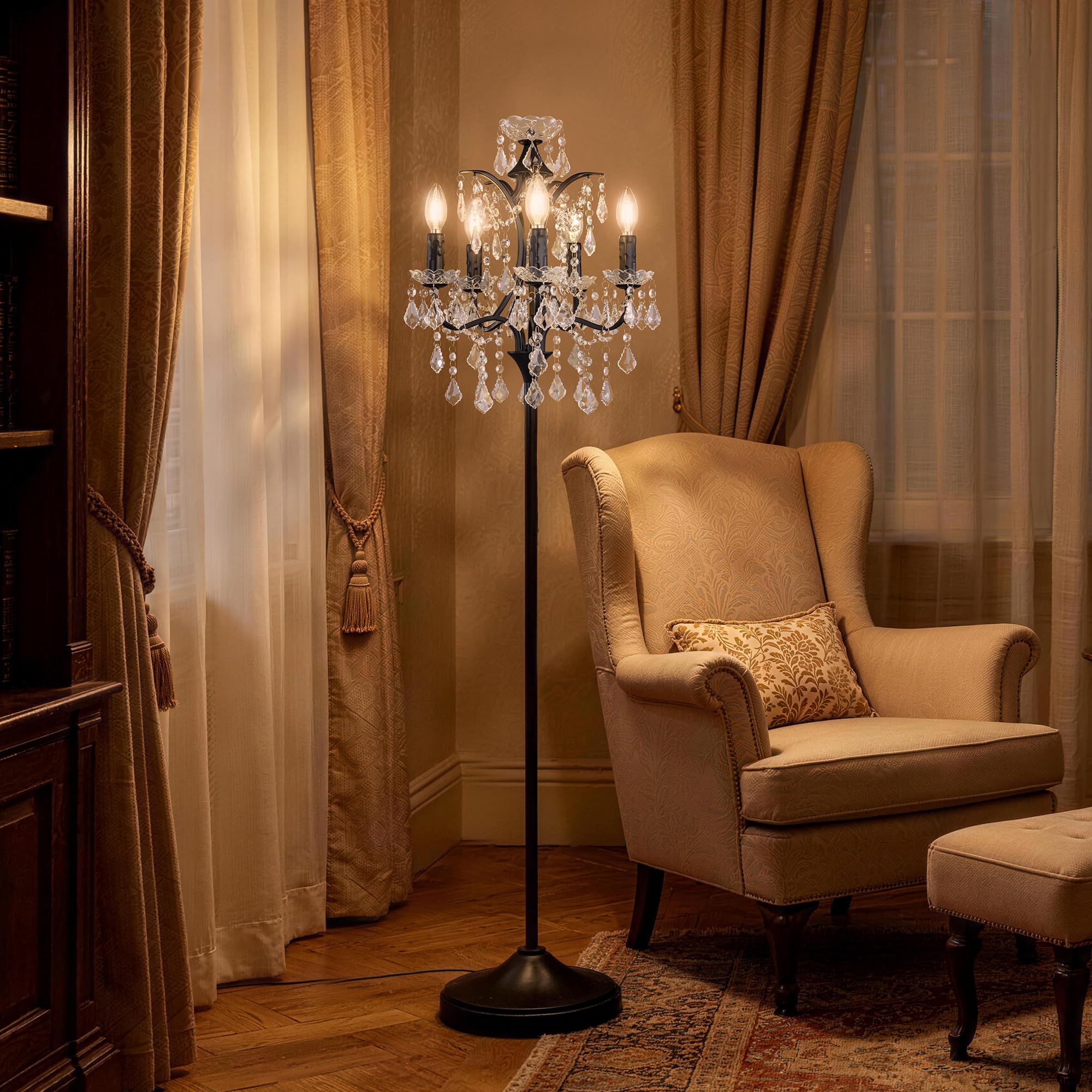 TOCHIC 5-Light Farmhouse Crystal Floor Lamp, Black, 65'' Tall