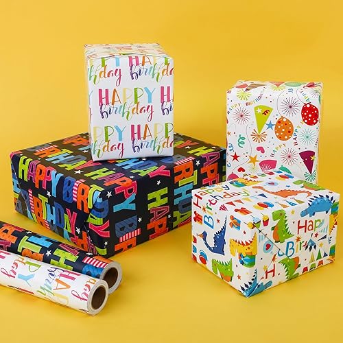 Miniatura 5 de NESCCI Papel de regalo de cumpleaños, papel de regalo de cumpleaños, rollo de papel de regalo, 17 pulgadas x 32.8 pies por rollo, colorido patrón de