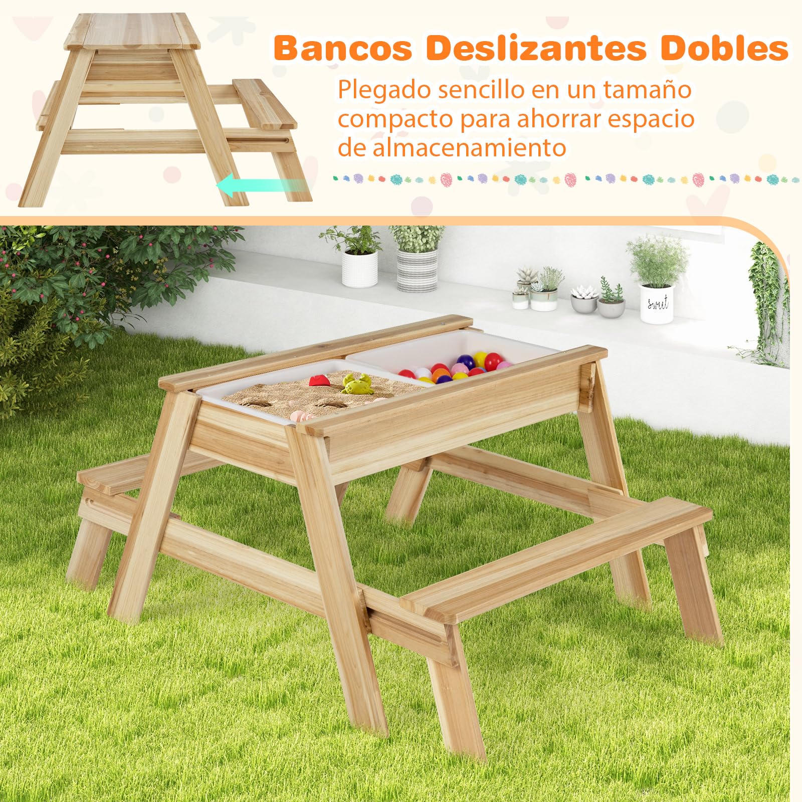COSTWAY Arenero Infantil, Juego 4 en 1 con Mesa y Bancos de Madera con Tapa Extraíble y 2 Cajas de Almacenaje, Mesita de Actividades de Arena y Agua, Mobiliario de Exterior para Jardín, Patio