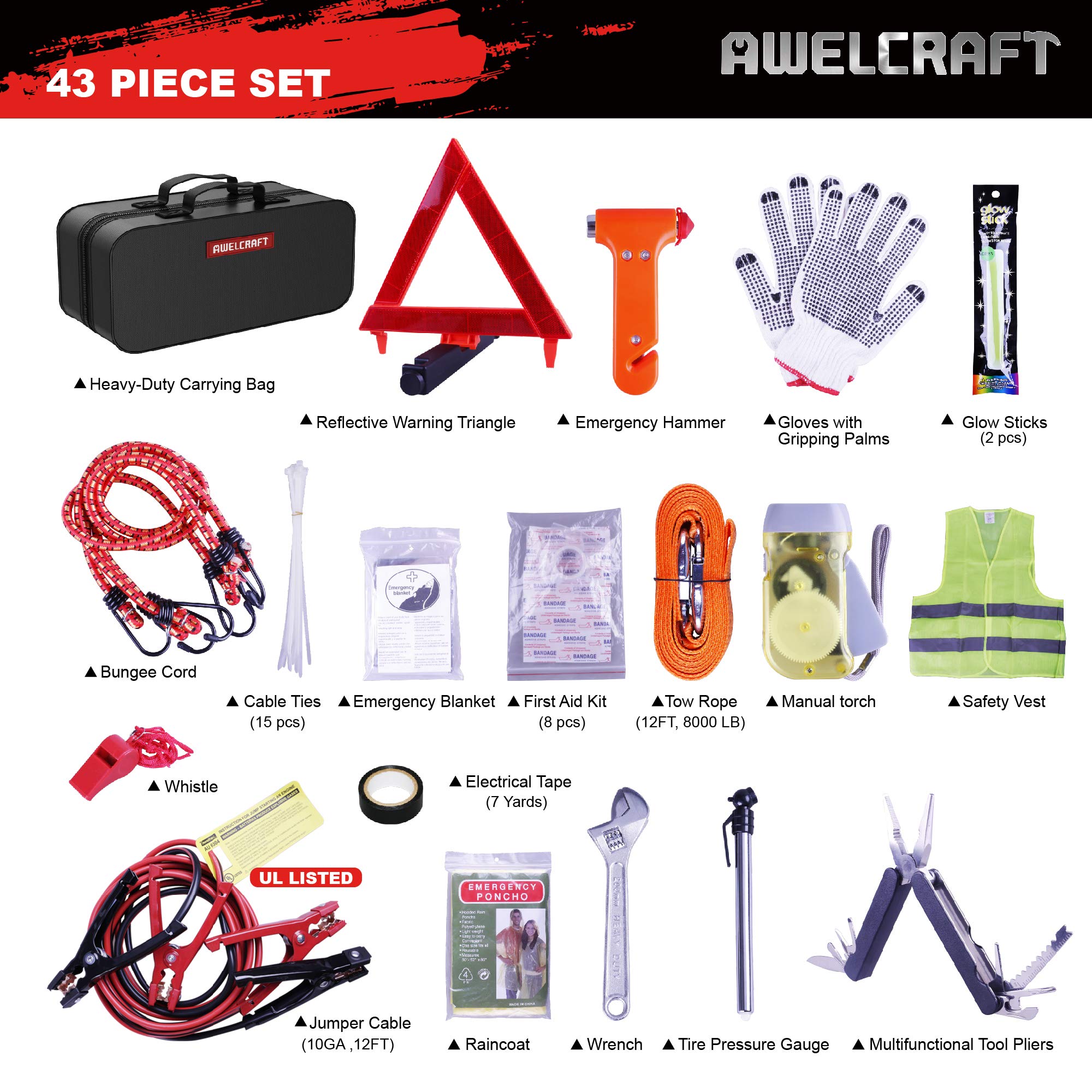 Car Emergency Kit – Roadside 43 Pieces Heavy Duty Car Emergency Kit – Jumper Cables UL Listed, Triangle, Tire Pressure Gauge, Raincoat, Tow Rope, etc– Car Accessories for Women and Men