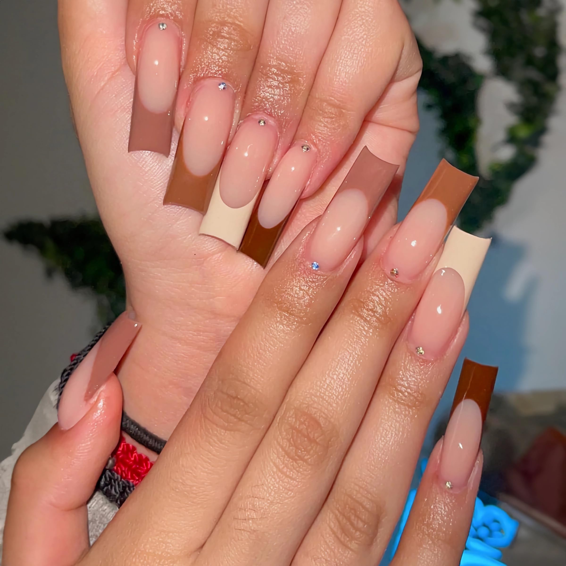 BABALAL Long Square Press on Nails Brown Fake Nails French Tip Glue on Rhinestone Acrylic Nails 24Pcs Fall Squoval Artificial False Nails for Women