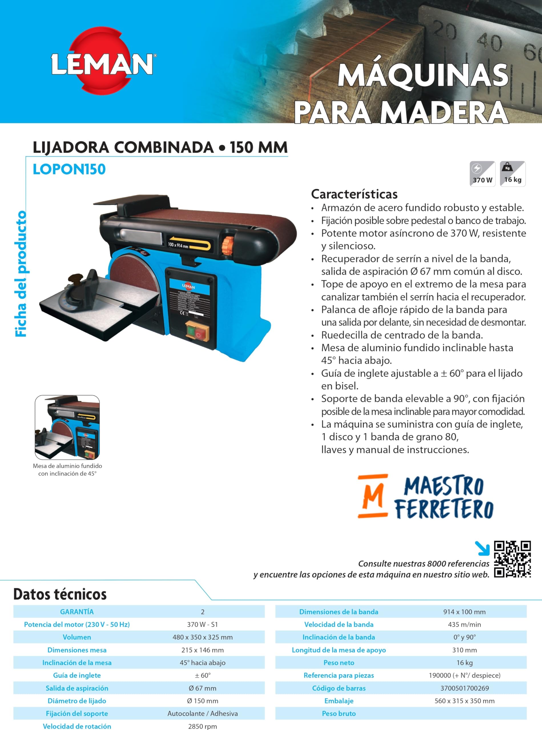 LEMAN - Lijadora Combinada LOPON150 150 mm, Motor 370 W, Mesa Inclinable 45°, Guía de Inglete ±60°