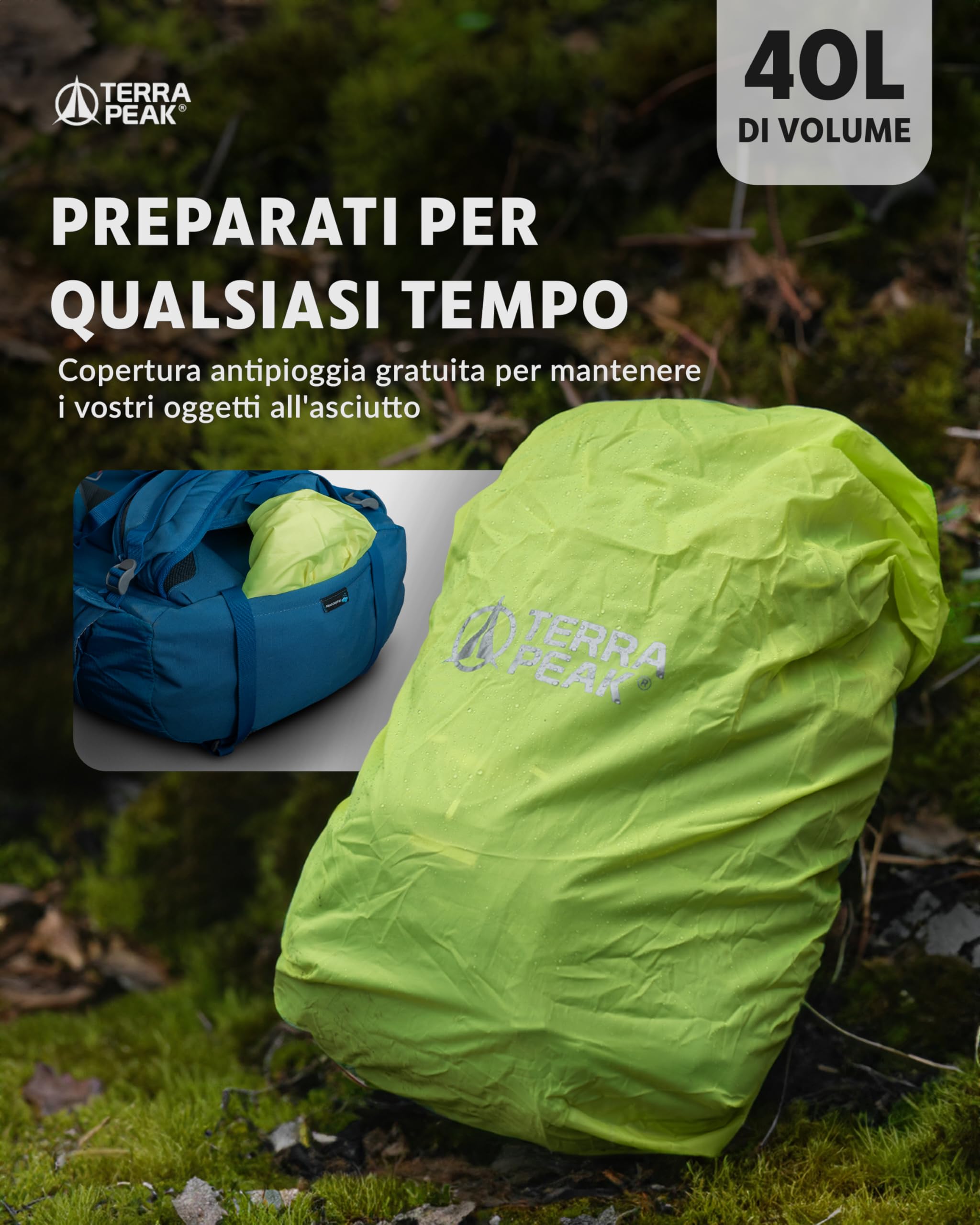 Terra Peak® Zaino da Trekking 40 litri per uomo e donna (FLEX 40 GRANDE) - Zaino da escursionismo, viaggio e montagna da esterno ergonomico e impermeabile - con ventilazione posteriore (traspirante)