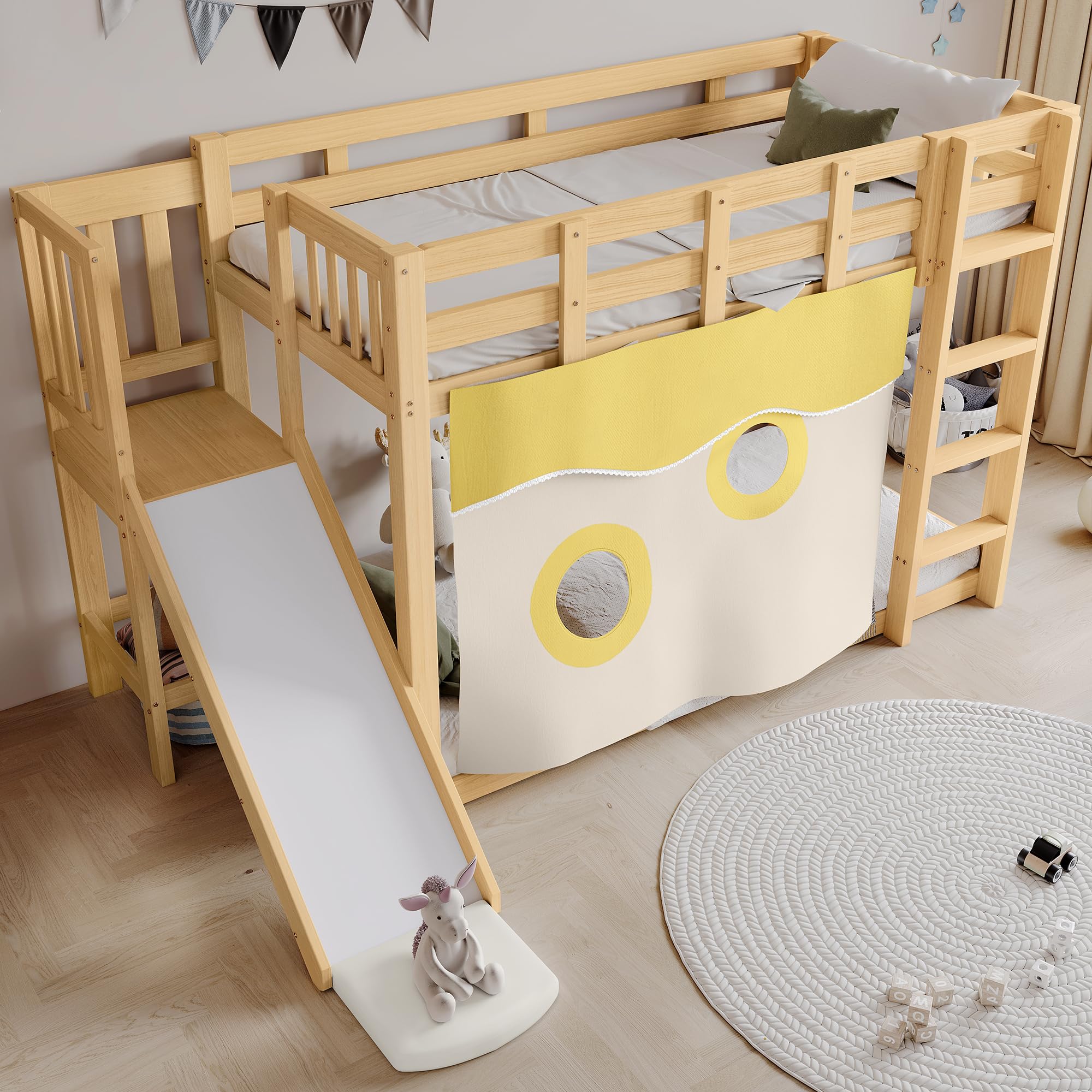Mrwoo Kinderbett 90x200 cm, Etagenbett mit Rutsche, Hochbett mit Dreistufige Treppe und Rausfallschutz Geländer, Geeignet für Kinder und Jugendliche, Holzlatten (Ohne Matratze) (Natur)