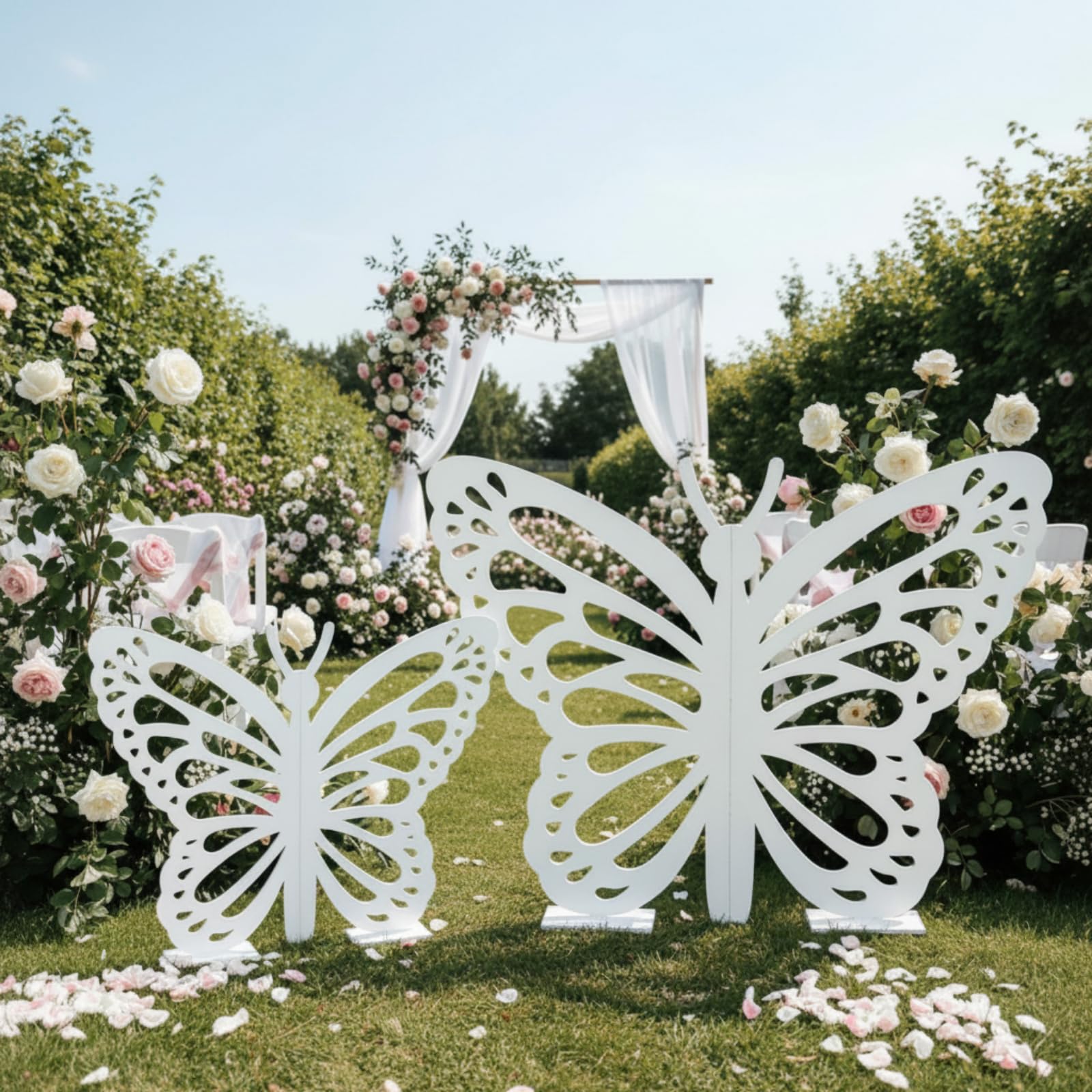 Yousoontic 2 Stück große Holz-Schmetterlingsrequisiten – Stehende Flügel Ausschnitt Hintergrund Dekoration für Geburtstag, Babyparty, Hochzeitsfeier (weiß, 90 cm und 60 cm)