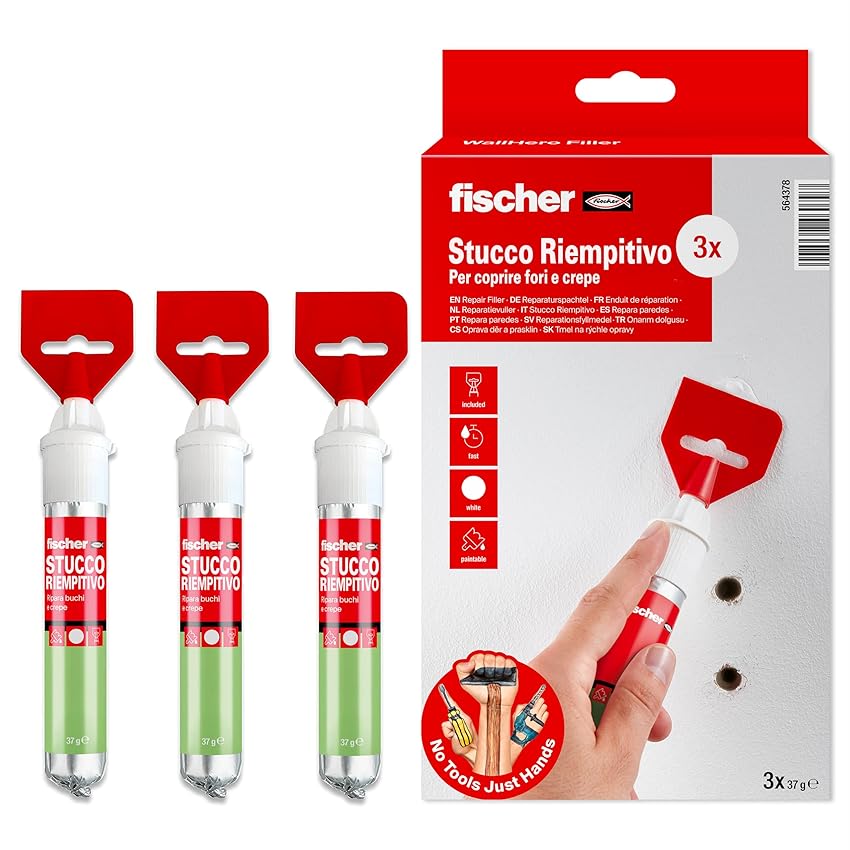 Fischer 3x Stucco Veloce con Spatola Integrata per Coprire Fori e Crepe nel Muro, Pronto all'Uso, 210 ml (3x70ml), 564378