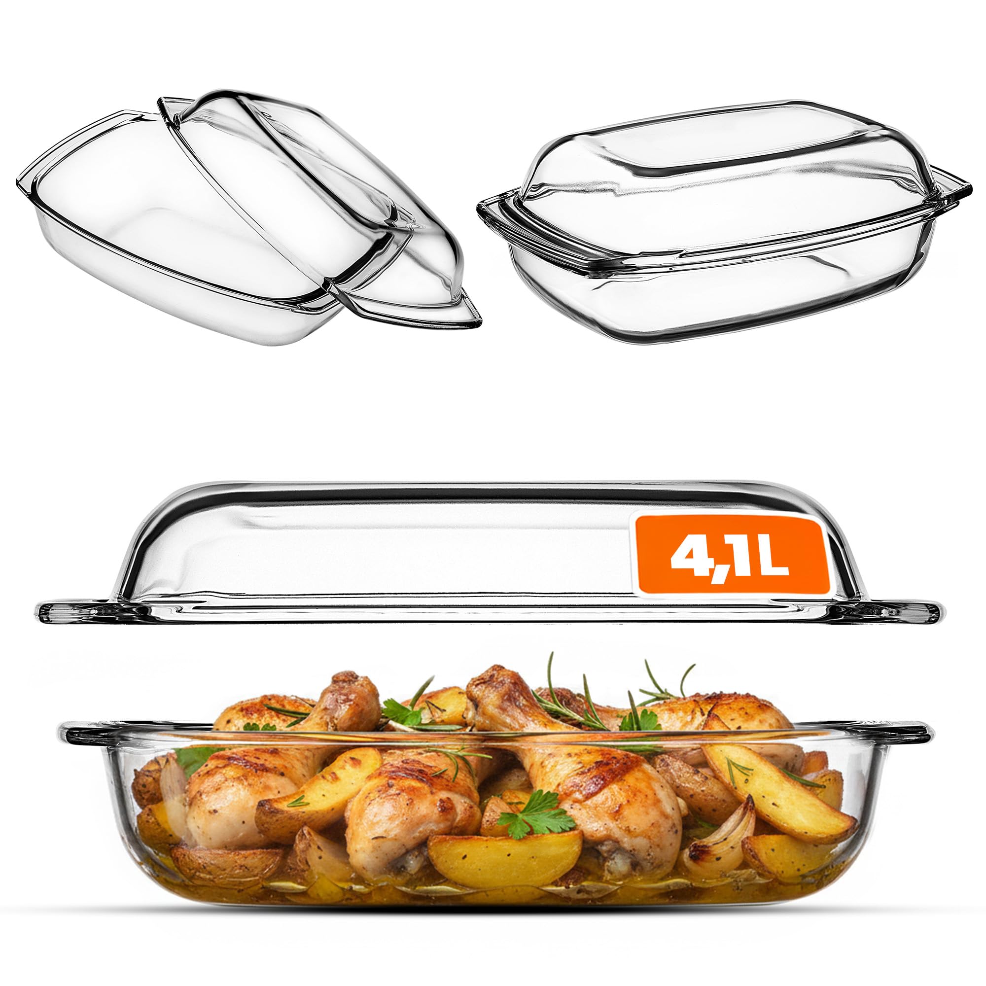 KADAX Fuente de horno, Cacerola con Tapa, Fuente de Cristal para asar, Lasaña, con Mangos, Bandeja de Cocina de Vidrio, transparente Aptas para Nevera y Congelador (rectangular, 4,1 L)
