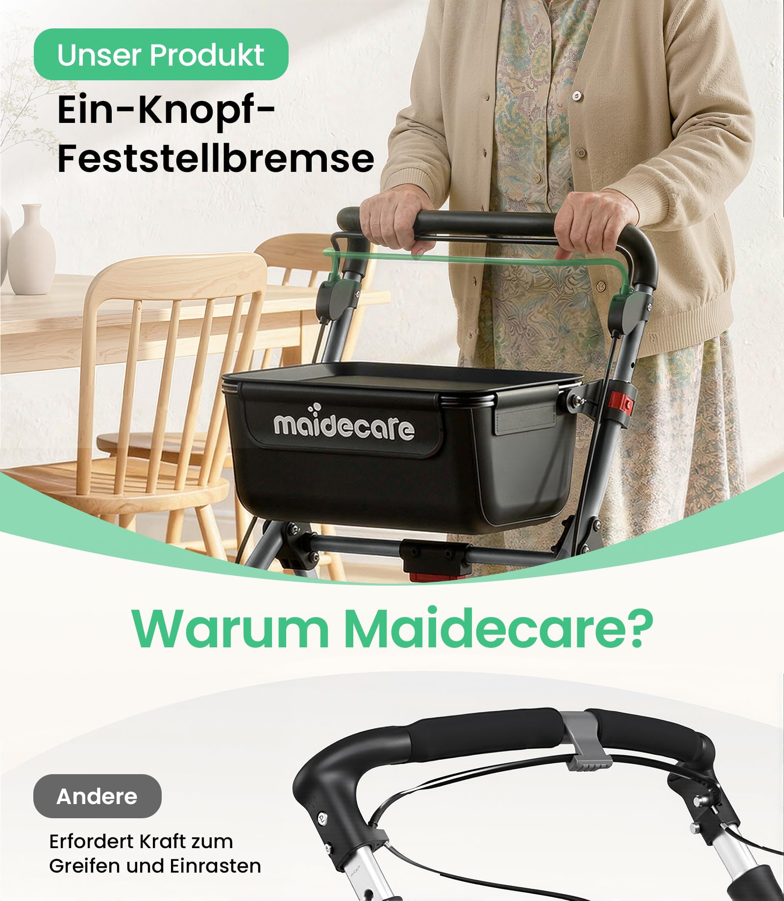 Rollator Schmal für Wohnung, Indoor Rollator Faltbar und Leicht mit Klappbar Tablett & Stoffkorb, Gehhilfe für Senioren mit Spuer Leiser Anti-Rutsch Reifen,Aluminium, Mobilität für Zuhause, Silber
