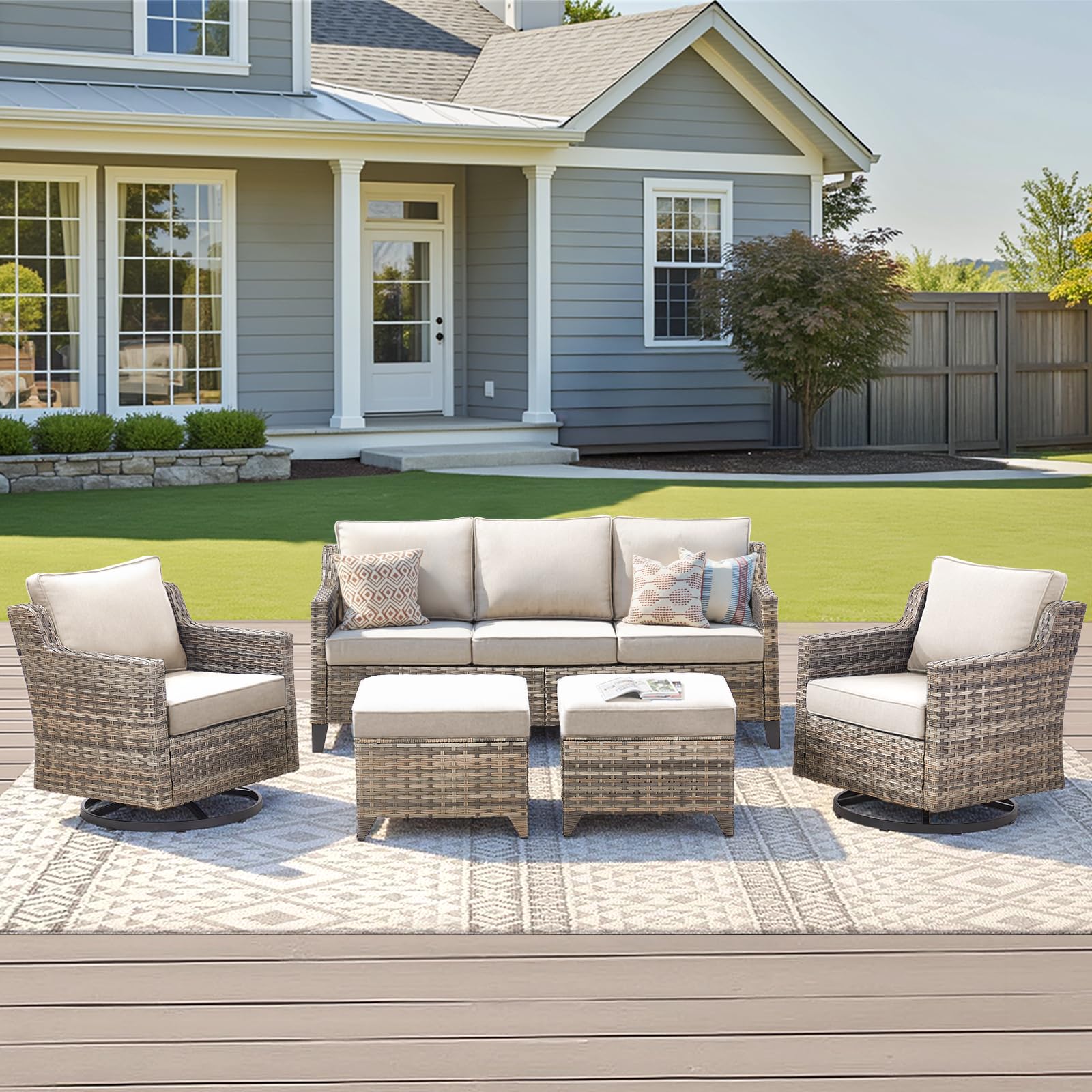 AMCLOBA Outdoor Patio Furniture Set-5 Pieces All-Weather Wicker Outdoor Furniture with Swivel Patio Chairs Outdoor Patio Conversation Set for Garden