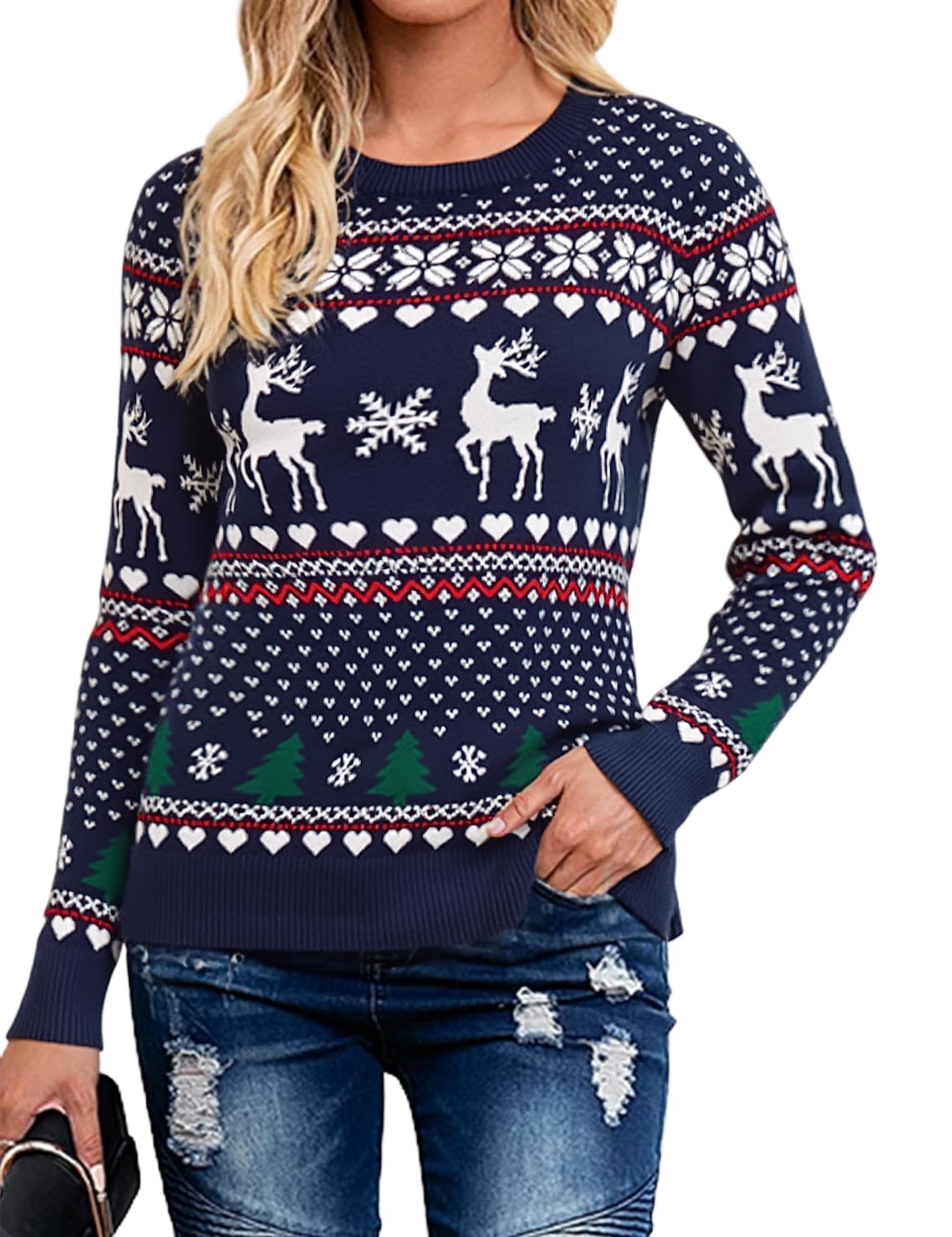 Bresdk Weihnachtspullover Damen Winter Elegant Langarm Weihnachtspulli Pullover Rundhals Weihnachten Strickpullover Ugly Christmas Sweater mit Rentier Schneeflocken
