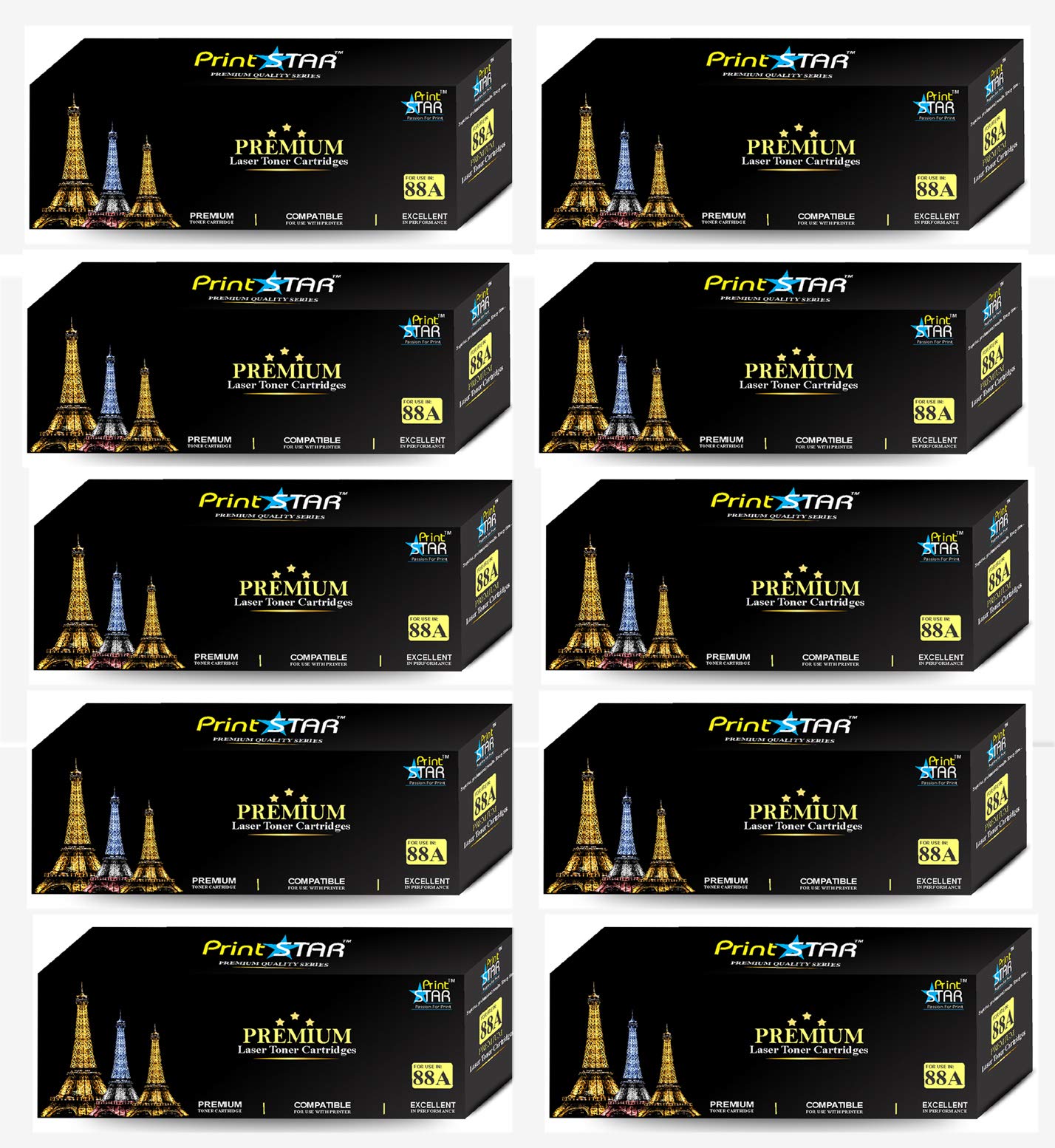 Print Star 88A Single Colour Black Laser Toner Cartridge Replacement of HP CC388A Compatible with HP Laserjet P1106, P1108, 1136, 1213, 1216, 9107, 1008 (Pack of 10)