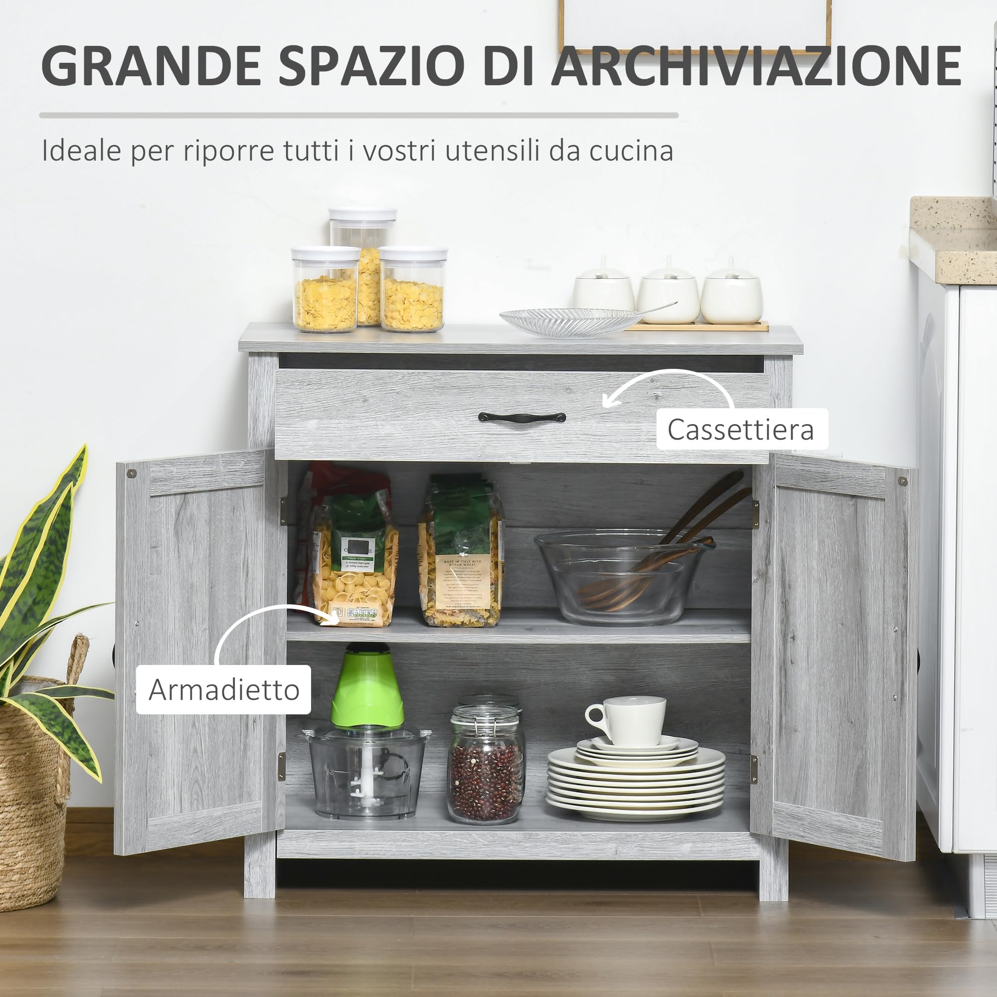 HOMCOM Credenza Cucina, Mobile Cucina con 2 Ante, Ripiani Regolabili e Cassetto, Stile Country, Credenza Buffet per Soggiorno, Salotto, Sala da Pranzo, 80x39.7x80cm, Color Grigio