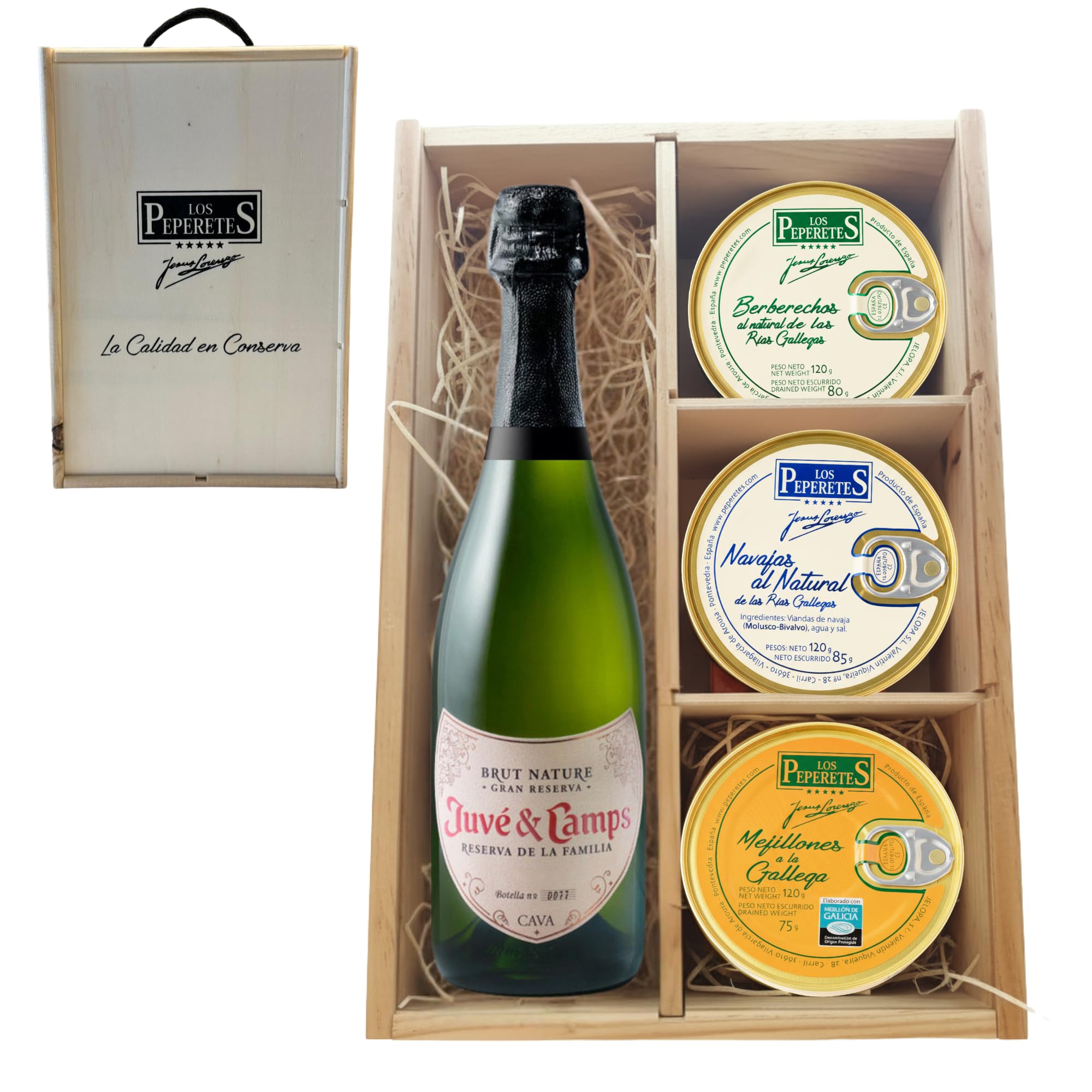 LOS PEPERETES Pack Gourmet Marisco Gallego con Cava Juve & Camps | x2 Berberechos al Natural · x2 Navajas al Natural · x2 Mejillones a la Gallega | Estuche Lote Delicatessen Premium Latas Conserva