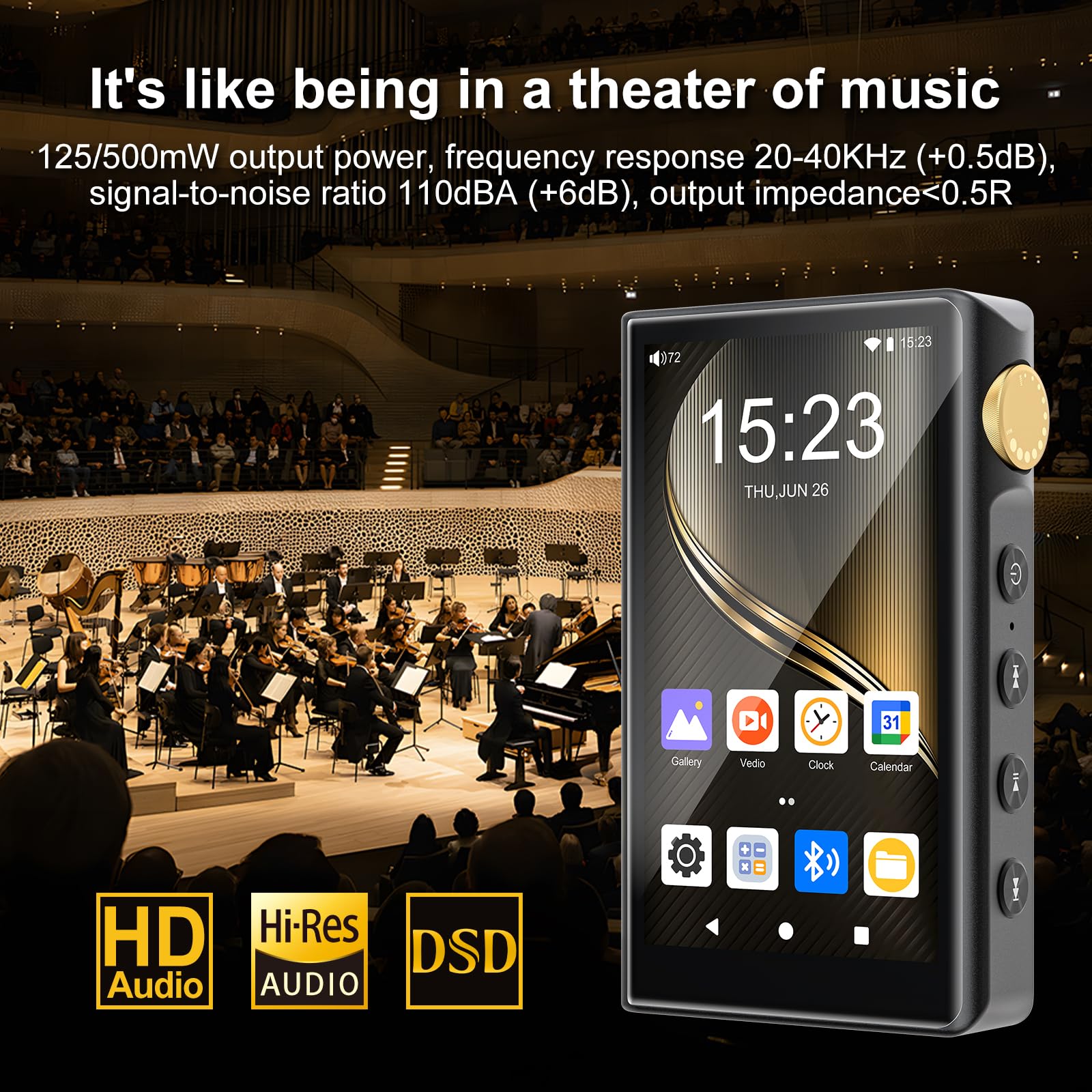 HiFi MP3 Player mit Bluetooth und WiFi, ZAQE Android 12 Hi-Res Music Player, Lossless DSD DAC Flac, Hochauflösender Musikplayer mit 64 GB Speicherkarte, unterstützt bis zu 512GB