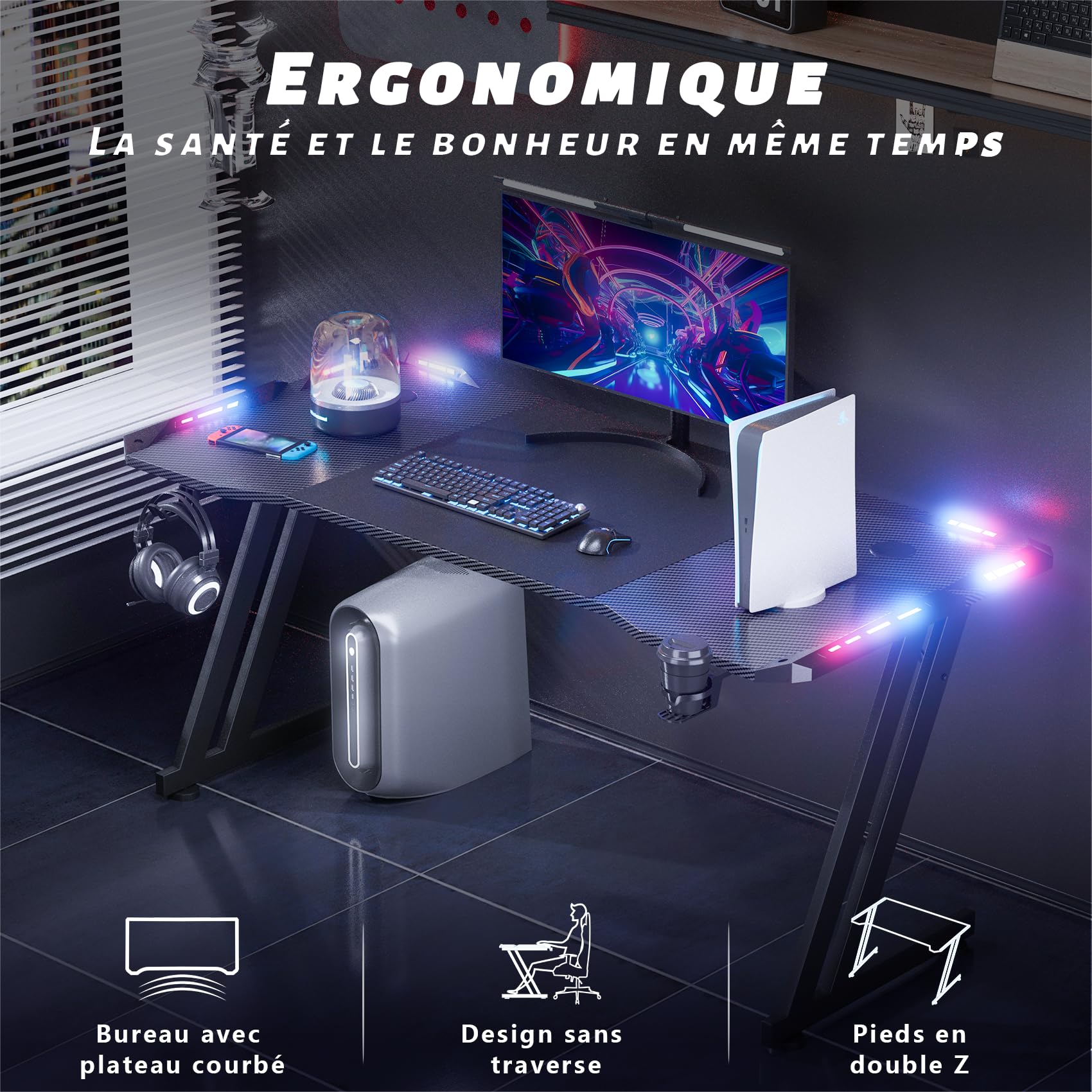 HLONONE 120 x 60cm Bureau Gaming LED, Grande Bureau Gamer avec Un Plateau en Fibre de Carbone, Bureau Informatique Ergonomique avec Tapis de Souris, Porte-gobelet et Crochet pour Casque, Noir