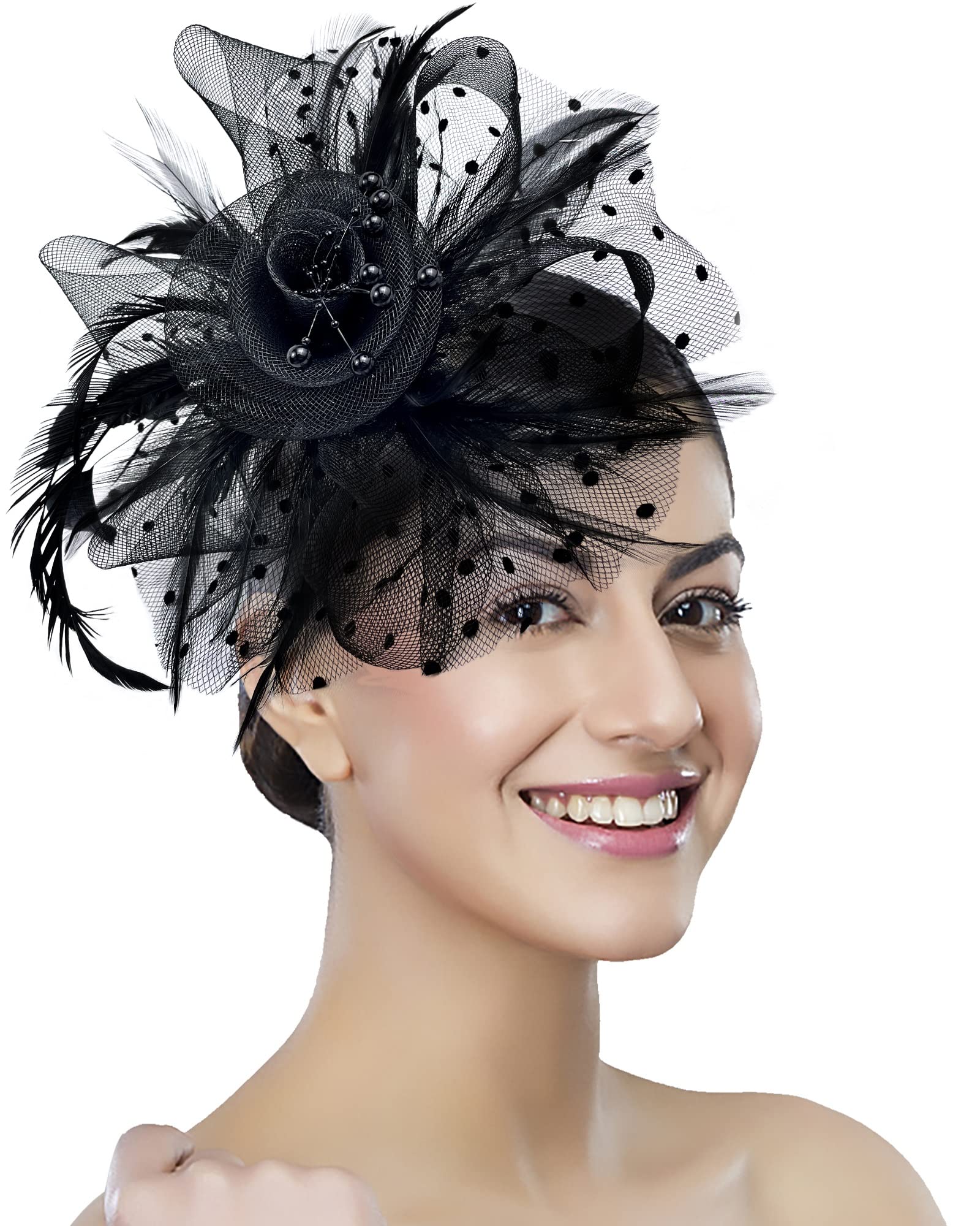 Women Fascinator Tea Party Hat 20s 50s Wedding Cocktail Flower Mesh Feathers Hair Clip for Carnival Halloween