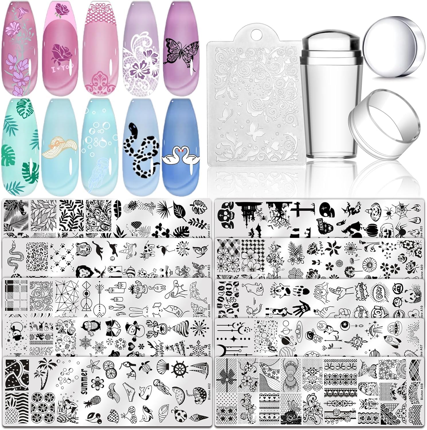 Biutee Nail Stamping Plates Set 10 pcs Nail Art Stamper Scraper Nail Stamp Plates Kit Nail Art Plate Template Lace Flower Butterfly Star Rose Design Nail Art Accessories
