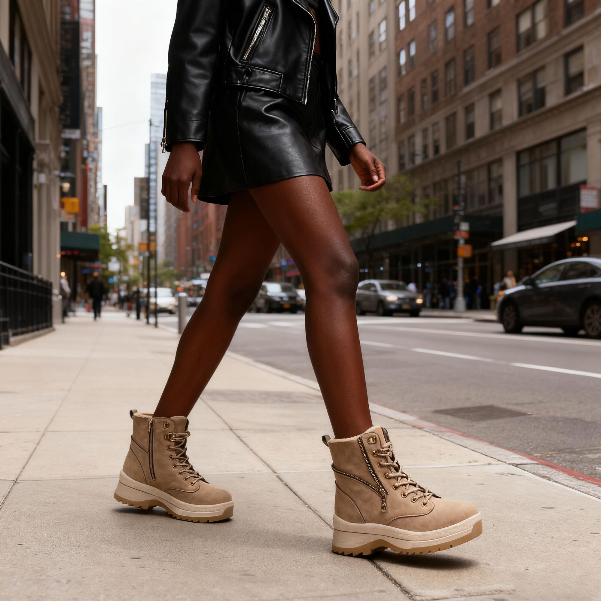 GLAMORA Botas de Nieve para Mujer, Botines de Invierno Estilo Montaña, Antideslizantes, Resistentes al Agua, con Pelo, Cremallera Lateral y Cordones