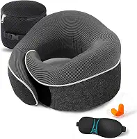 Travesseiro de pescoço para viagem com suporte de queixo ajustável 100% de espuma viscoelástica pura para casa, aviões e carro, ergonômico, macio, melhor travesseiro de pescoço inteiro para dormir (preto)