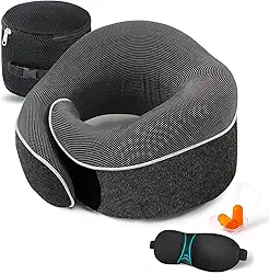 Travesseiro de pescoço para viagem com suporte de queixo ajustável 100% de espuma viscoelástica pura para casa, aviões e carro, ergonômico, macio, melhor travesseiro de pescoço inteiro para dormir (preto)