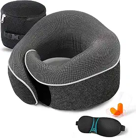 Travesseiro de pescoço para viagem com suporte de queixo ajustável 100% de espuma viscoelástica pura para casa, aviões e carro, ergonômico, macio, melhor travesseiro de pescoço inteiro para dormir (preto)