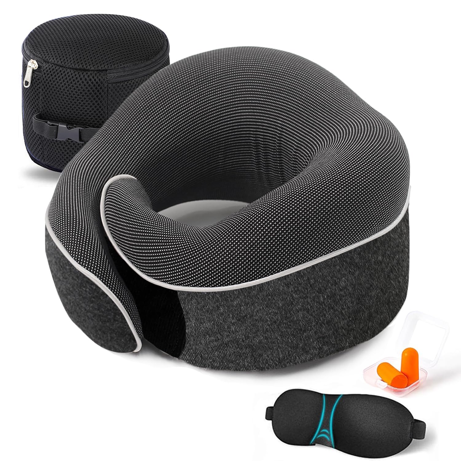 Travel Neck Pillow Chin Support Pillow Adjustable 100% Pure Memory Foam , New Ergonomic Design Soft Best Full Neck Surround Pillow Sleep for Home, Airplanes & Car (Black)