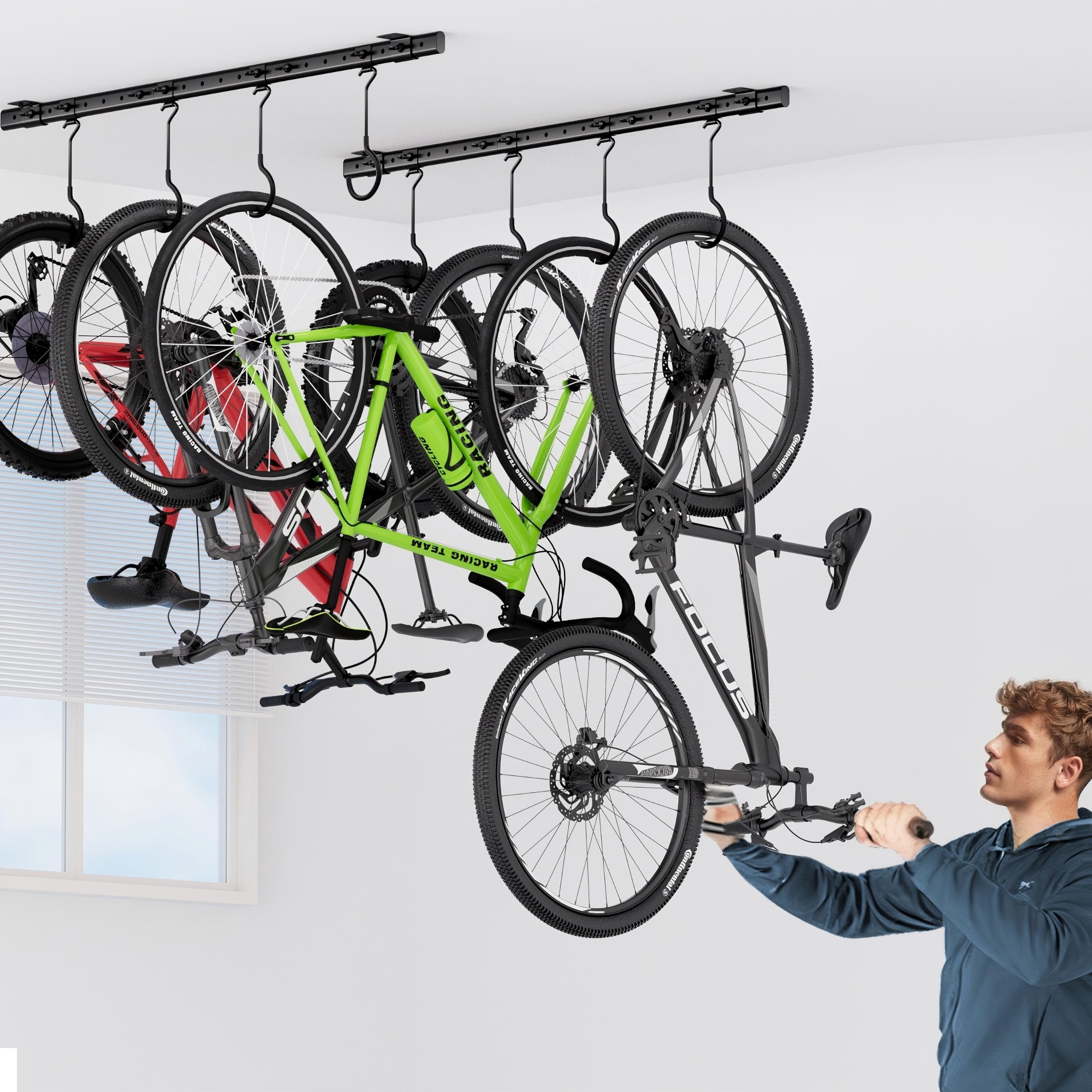 Urban Deco Support de vélo monté au plafond pour garage, système de cintres de vélo avec 8 crochets de plafond réglables, peut contenir 4 à 8 vélos, solutions de rangement de vélos de garage pour