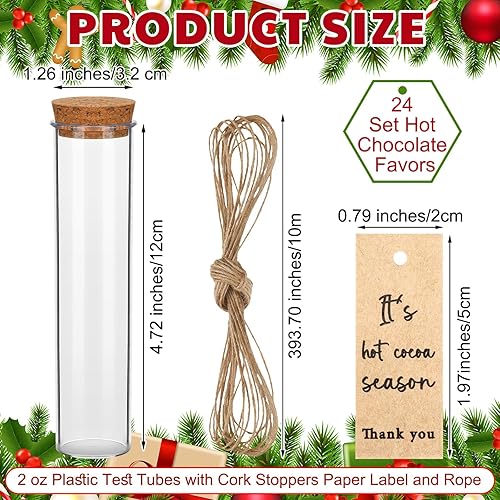 Miniatura 6 de Juego de 24 tubos de ensayo de chocolate caliente de plástico de 2 onzas con etiqueta de agradecimiento tapones de corcho y cuerda, cacao para