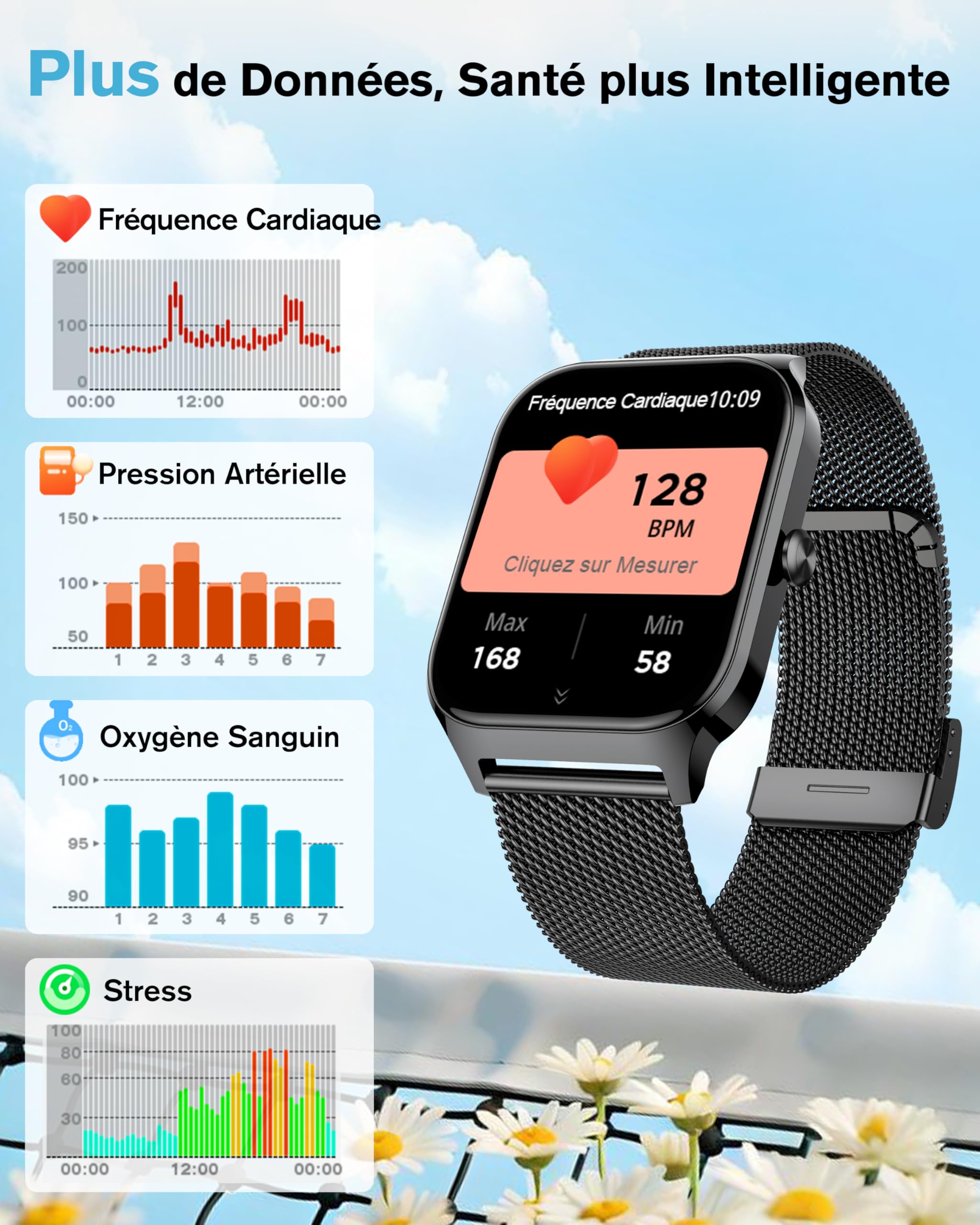 KALINCO Montre Connectée Homme Femme, 1.85" AI Smartwatch avec Appel Bluetooth, Pression Artérielle, Podometre, Sommeil, Cardiofrequencemetre, 100+ Sport Bracelet