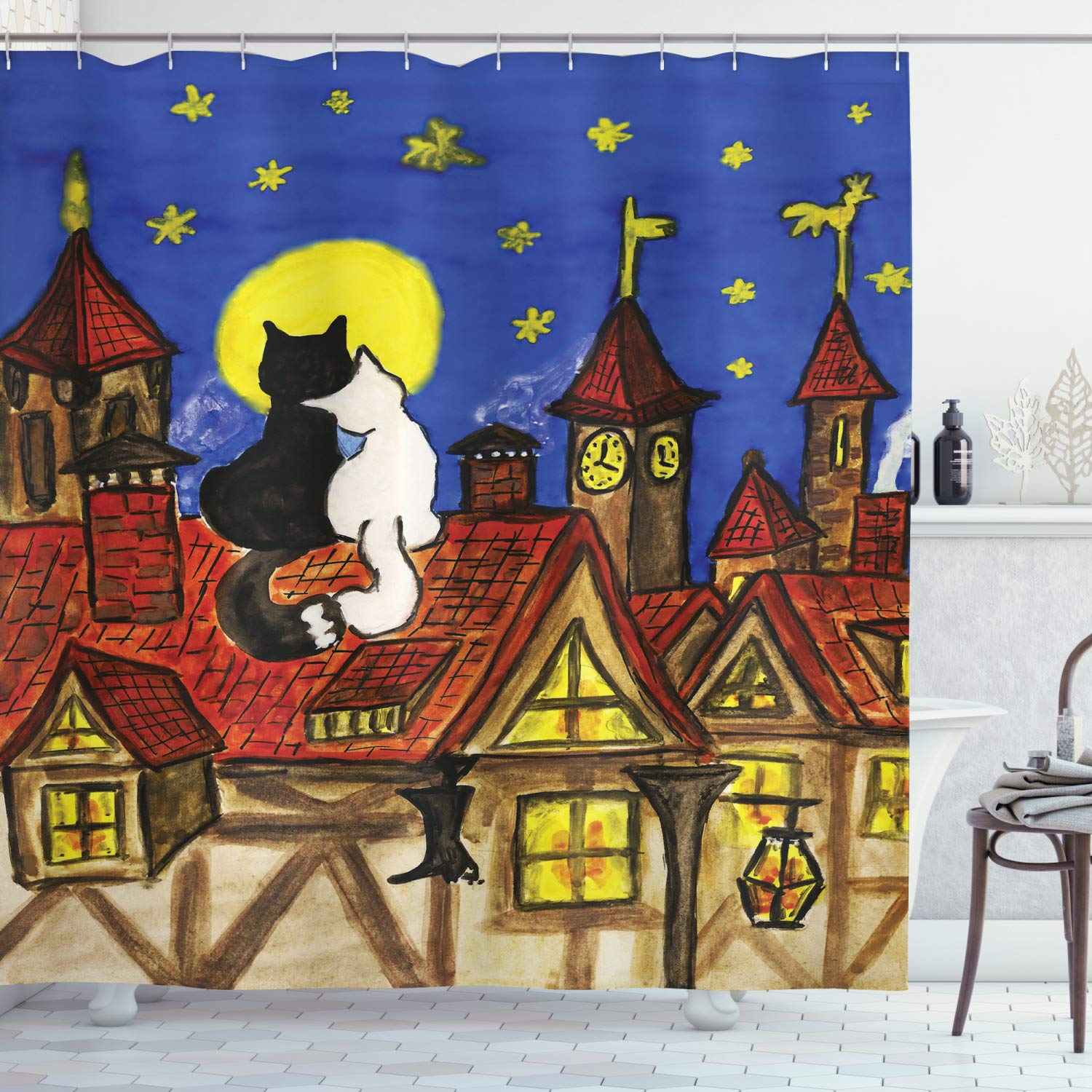 Ambesonne Cat Shower Curtain, 2 Love Cats Sitting on Roof in Old Town and Looking at Starry Sky Night Funk Artprint, Cloth Fabric Bathroom Decor Set with Hooks, 69