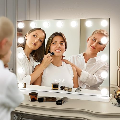 Miniatura 5 de FENNIO Hollywood - Espejo de tocador con luces de 23 x 18, espejo grande iluminado para maquillaje con 15 bombillas LED regulables, iluminación de 3